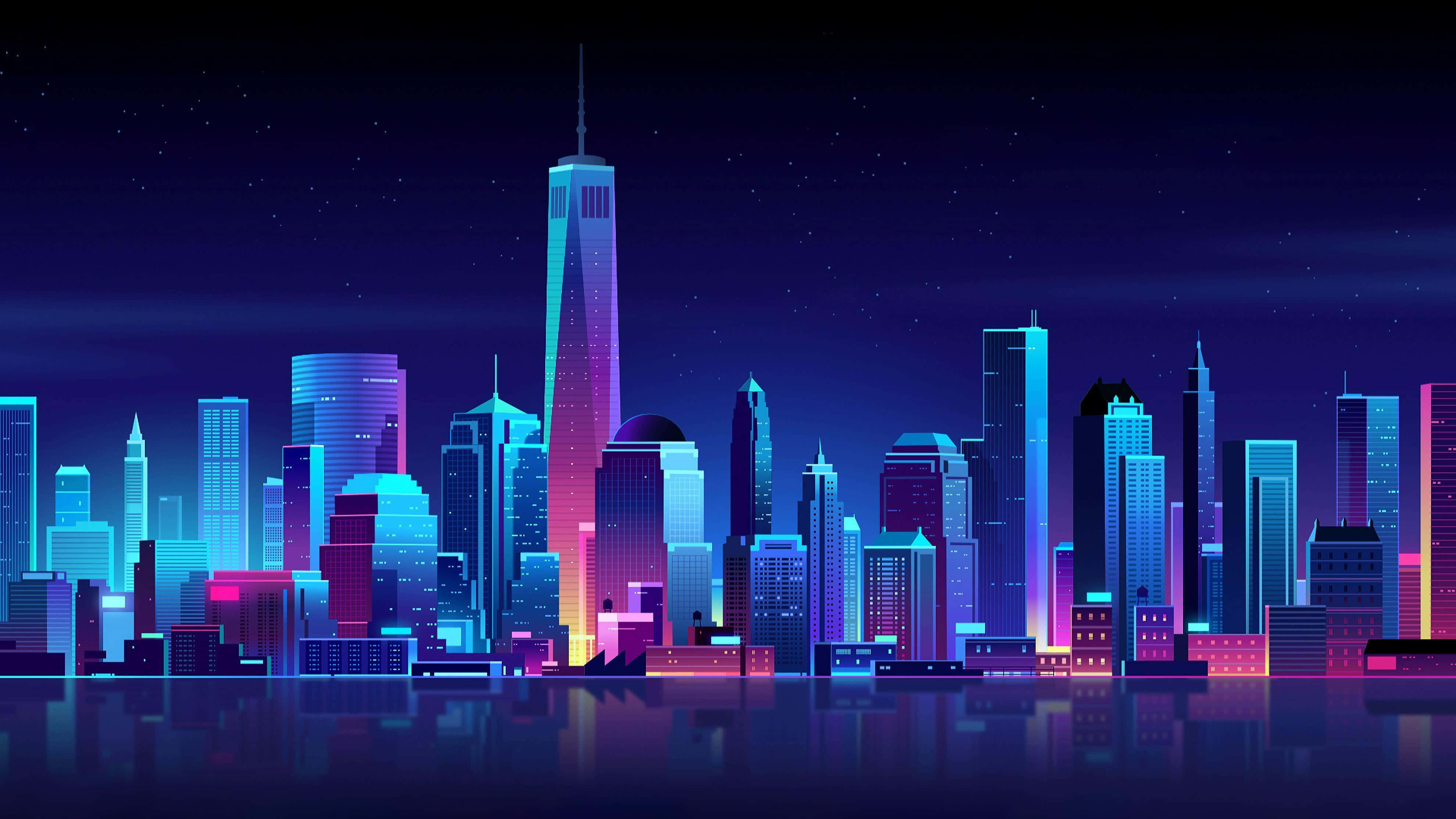 neon-lit city skyline, glowing skyscrapers, water, 4K Desktop Wallpaper