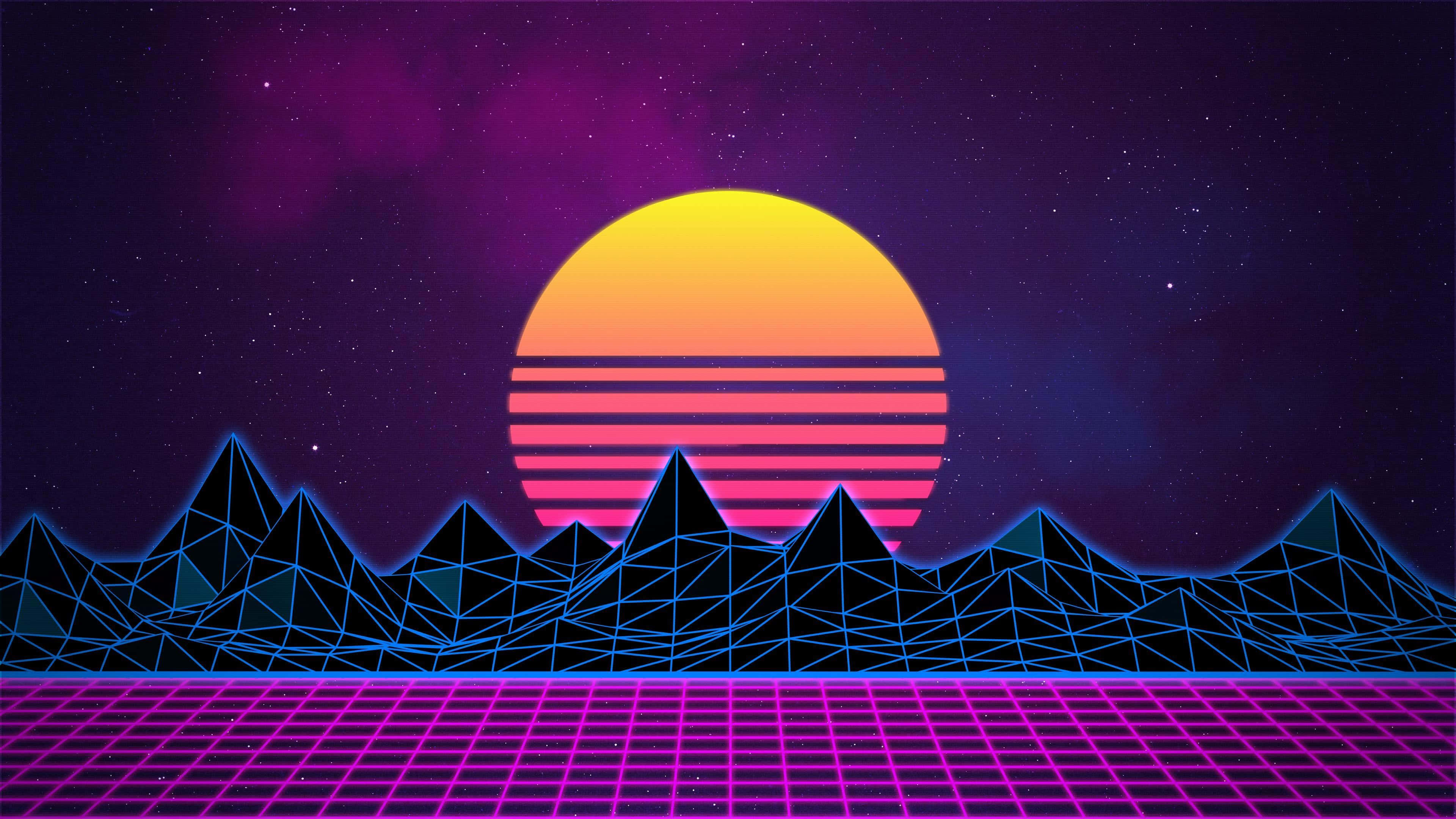 neon sunset, striped sun, geometric mountains, 4K Desktop Wallpaper