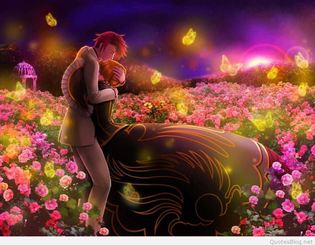 red-haired anime couple, vibrant field of pink roses, glowing twilight sky, SD Desktop Wallpaper
