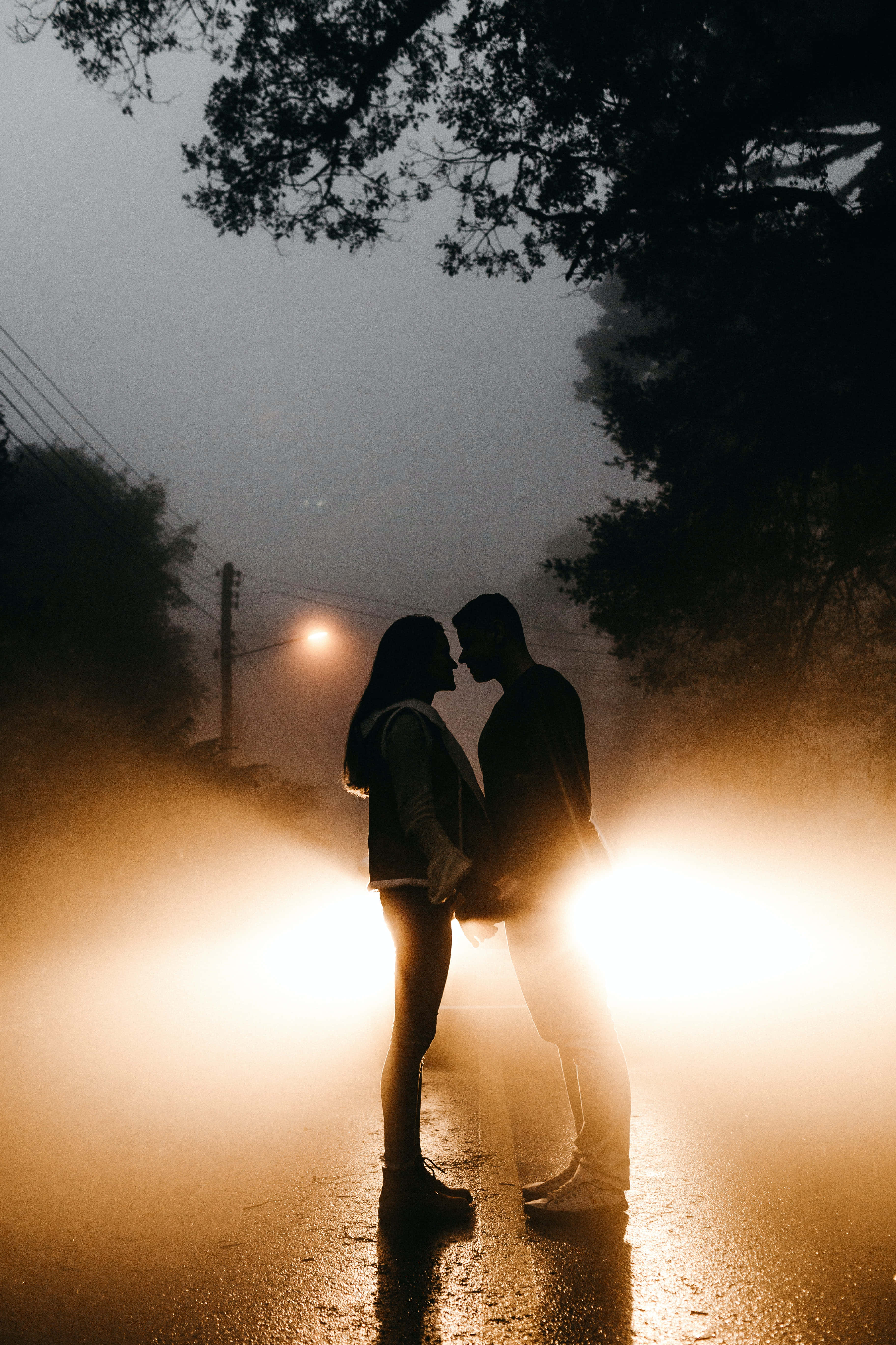 silhouette, misty wet road, dusk, 5K Phone Wallpaper