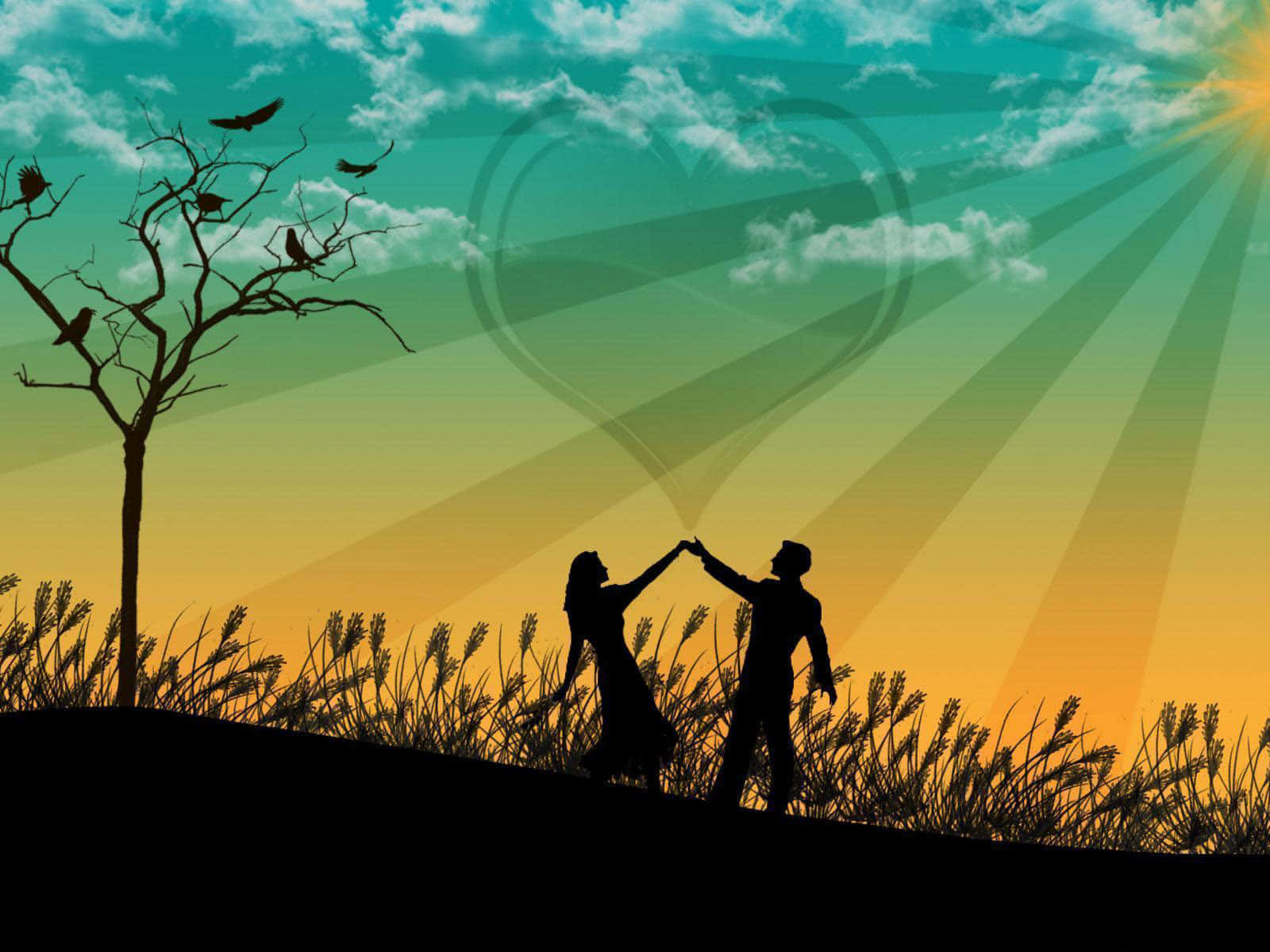 silhouetted couple, grassy hill, radiant sunbeams, HD Desktop Wallpaper