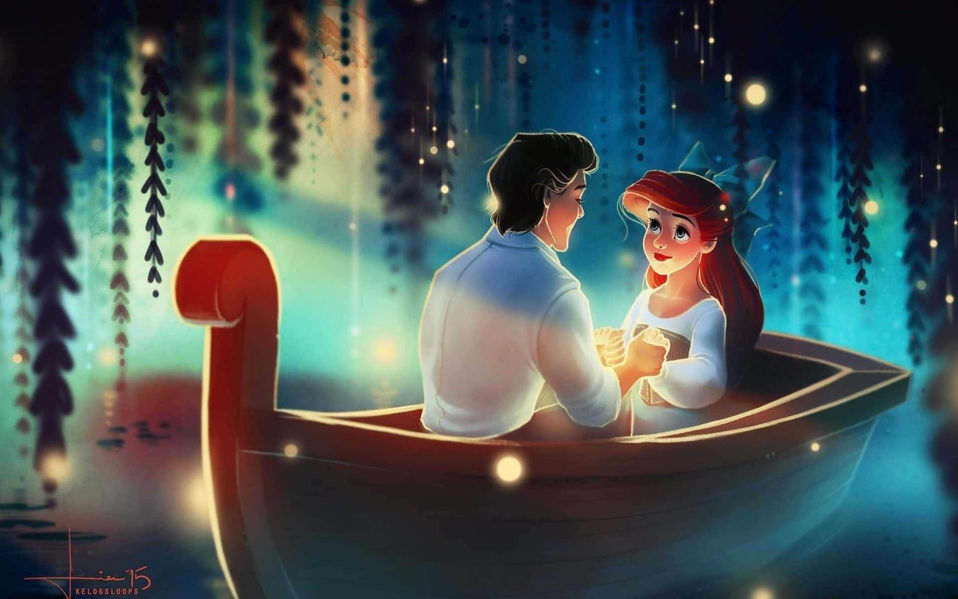 romantic animated couple, boat, glowing lights, Full HD Desktop Wallpaper