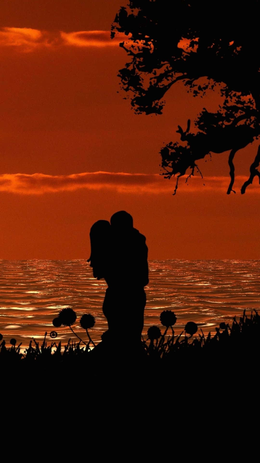 silhouetted couple, sunset, beach, Full HD Phone Wallpaper