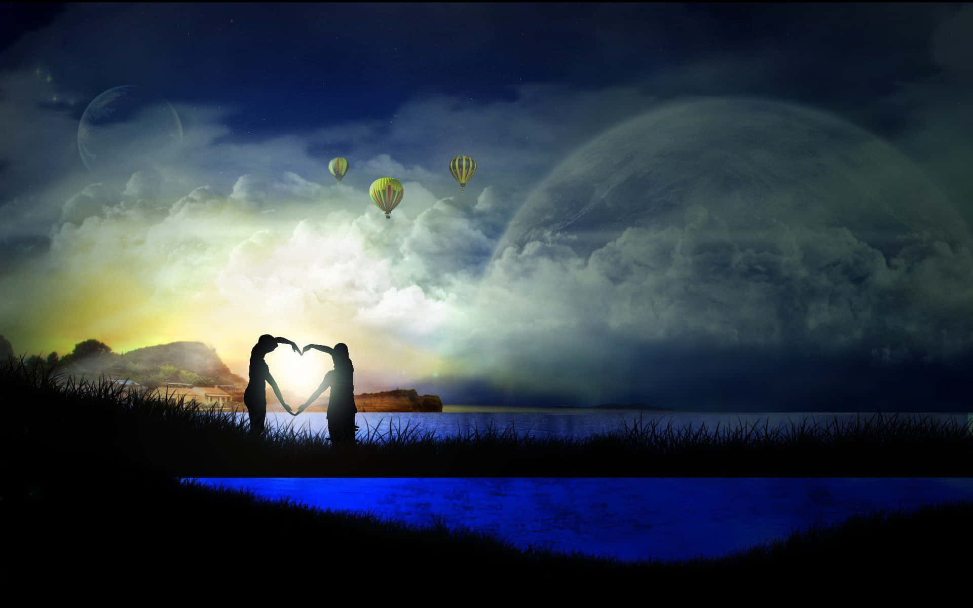 surreal twilight sky, hot air balloons, giant planet, Full HD Desktop Wallpaper