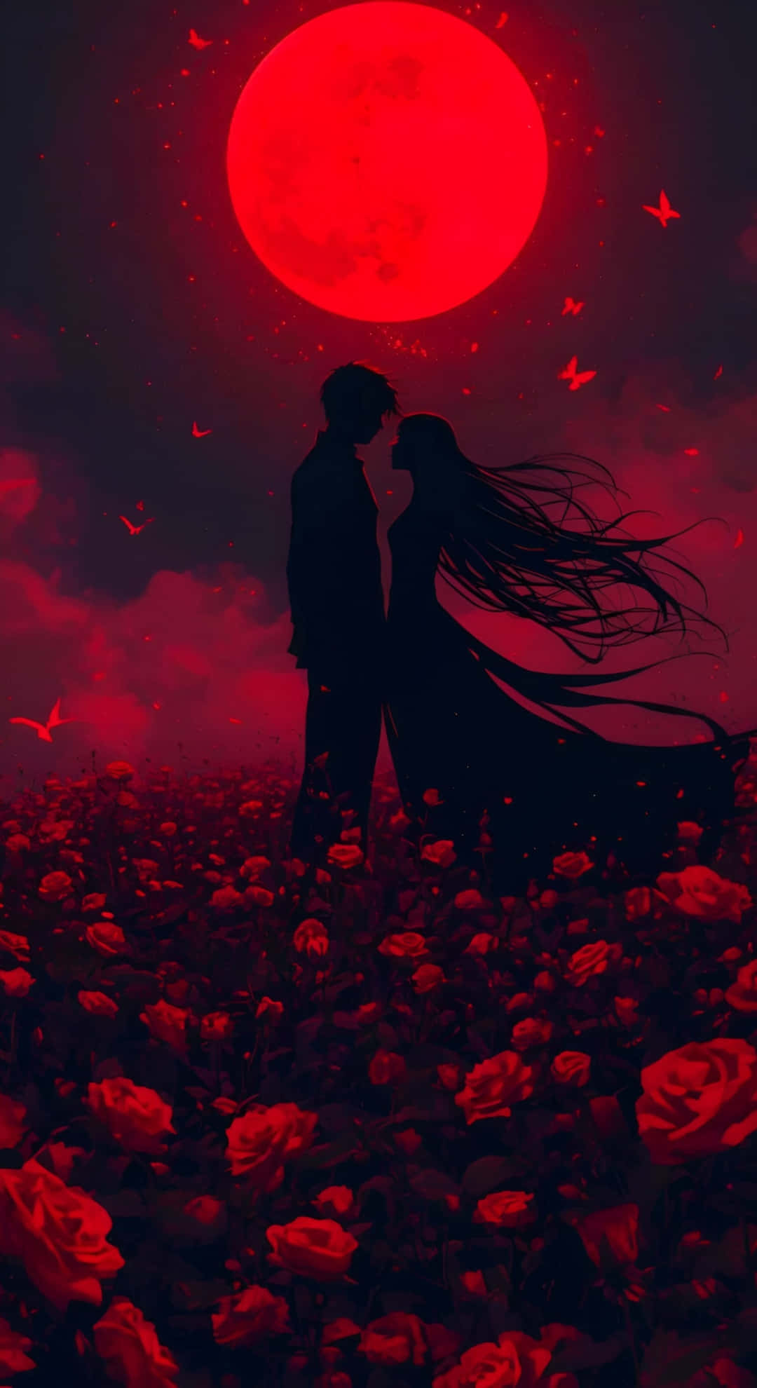 eternal night lovers, red roses, glowing red moon, Full HD Phone Wallpaper