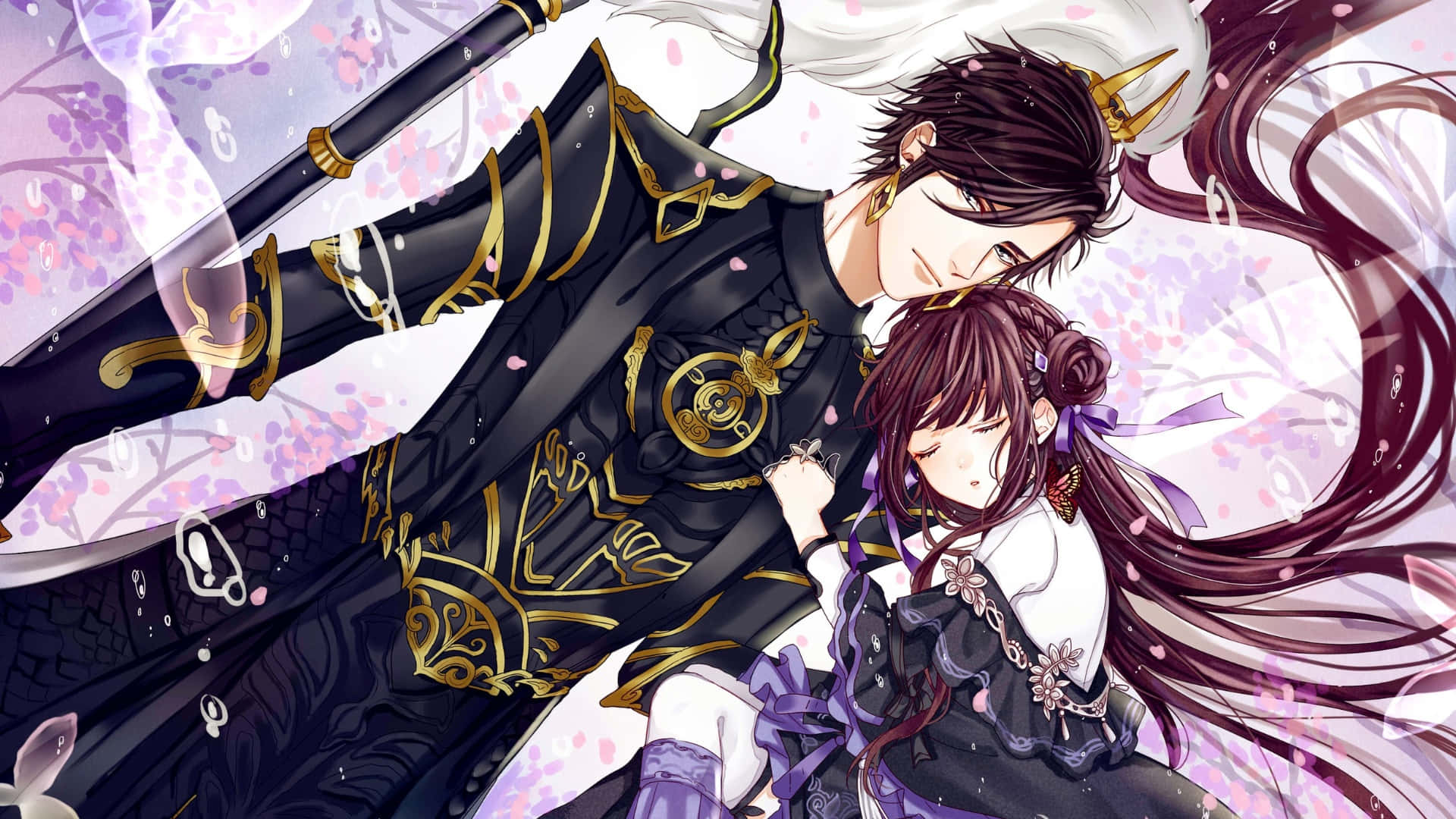 dark-haired anime man, ornate black and gold armor, purple-haired girl, Full HD Desktop Wallpaper