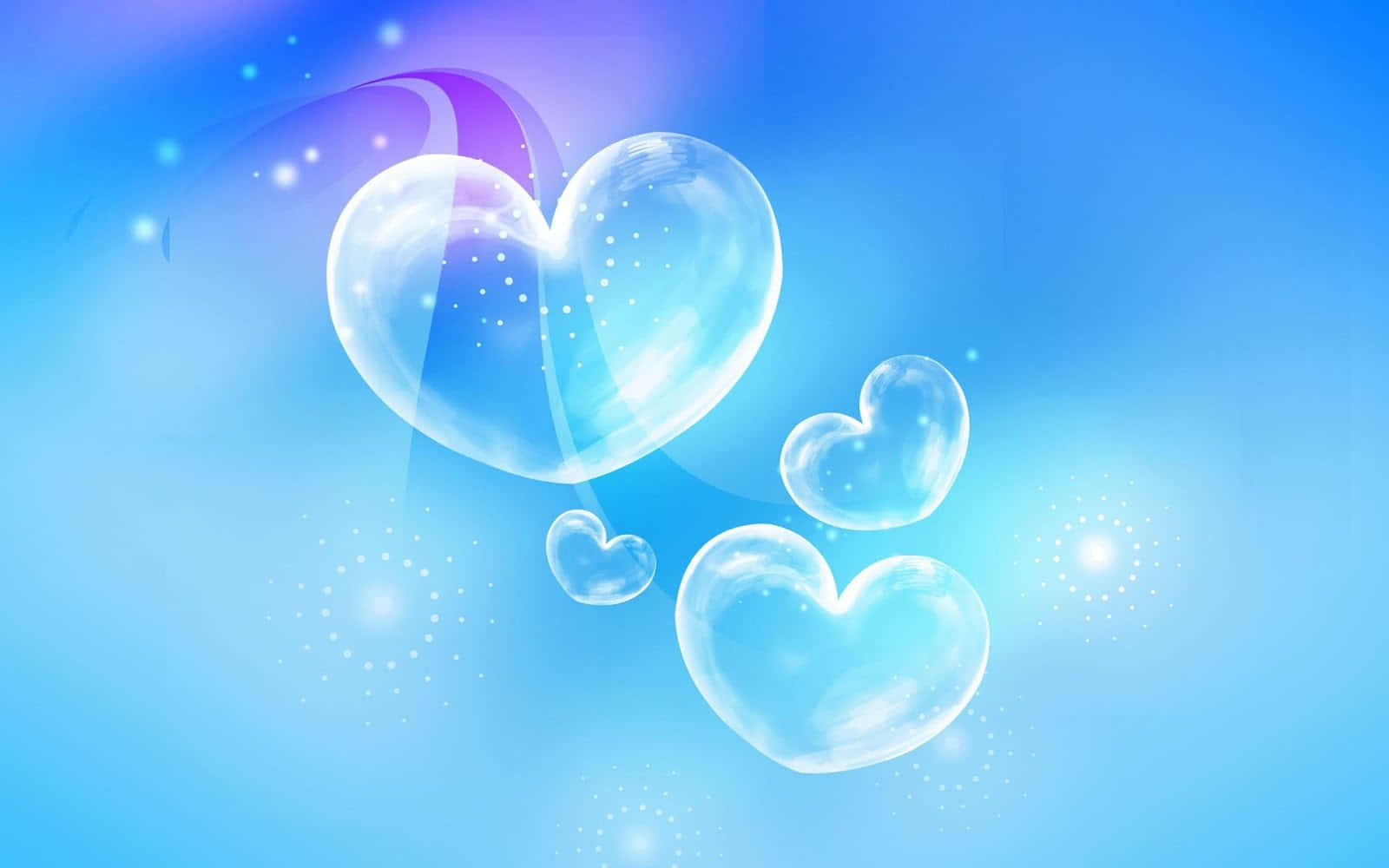 translucent heart bubbles, soft gradient blue sky, sparkling particles, HD Desktop Wallpaper