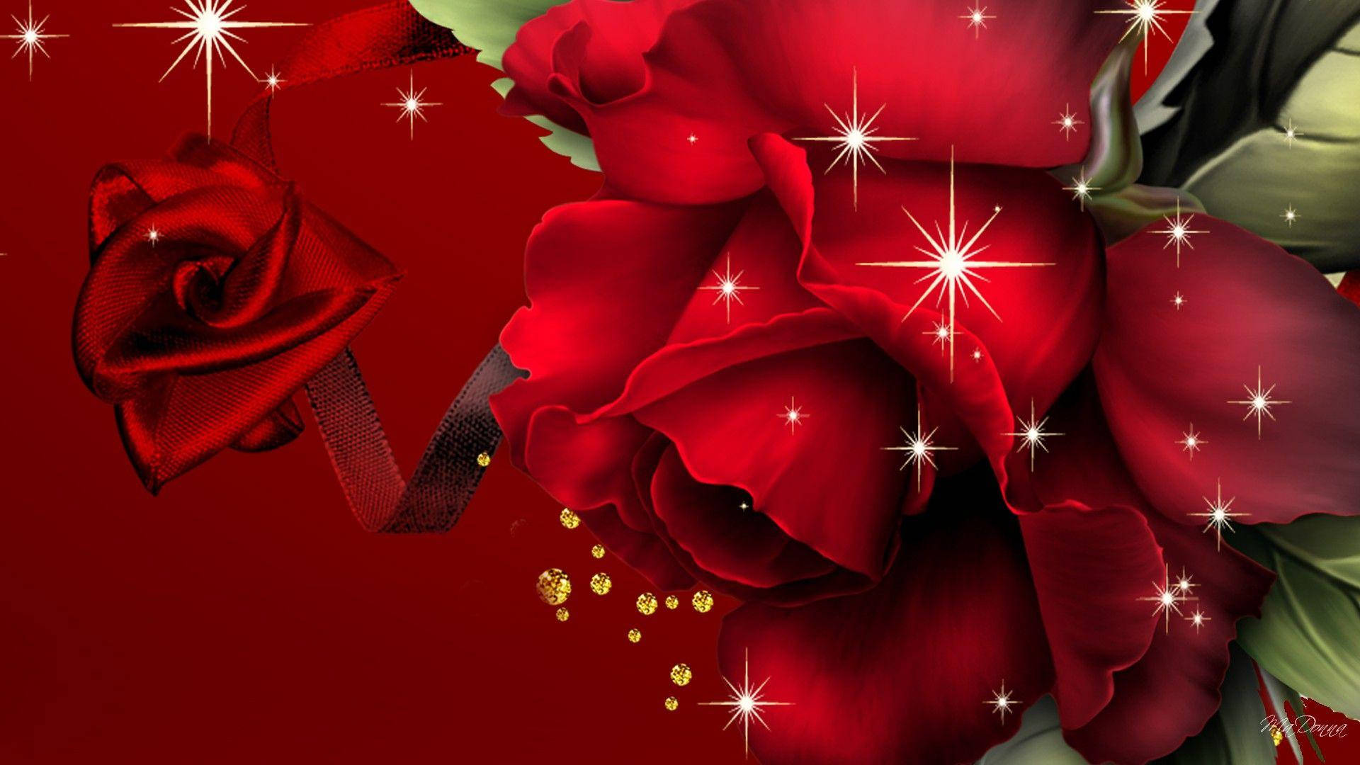 Beautiful Rose HD, sparkling stars, golden glitter, Full HD Desktop Wallpaper