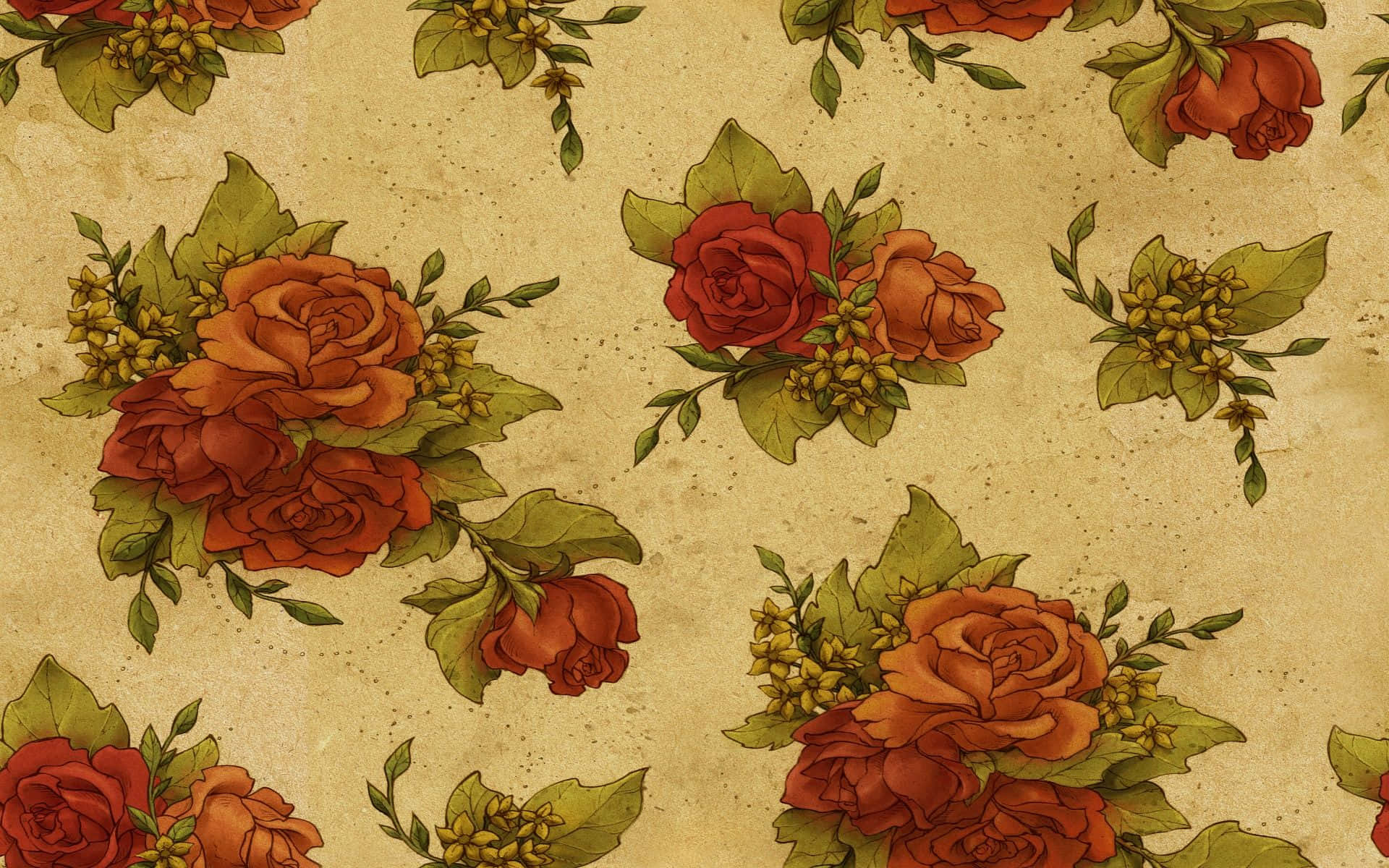 rose pattern, vibrant red and orange roses, green leaves, Full HD Desktop Wallpaper