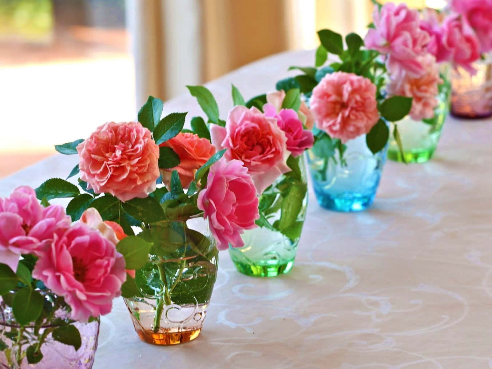 pink roses, coral roses, glass vases, HD Desktop Wallpaper