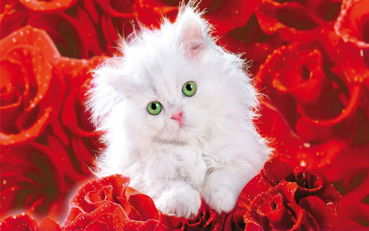 beautiful roses, fluffy white kitten, bright green eyes, HD Desktop Wallpaper
