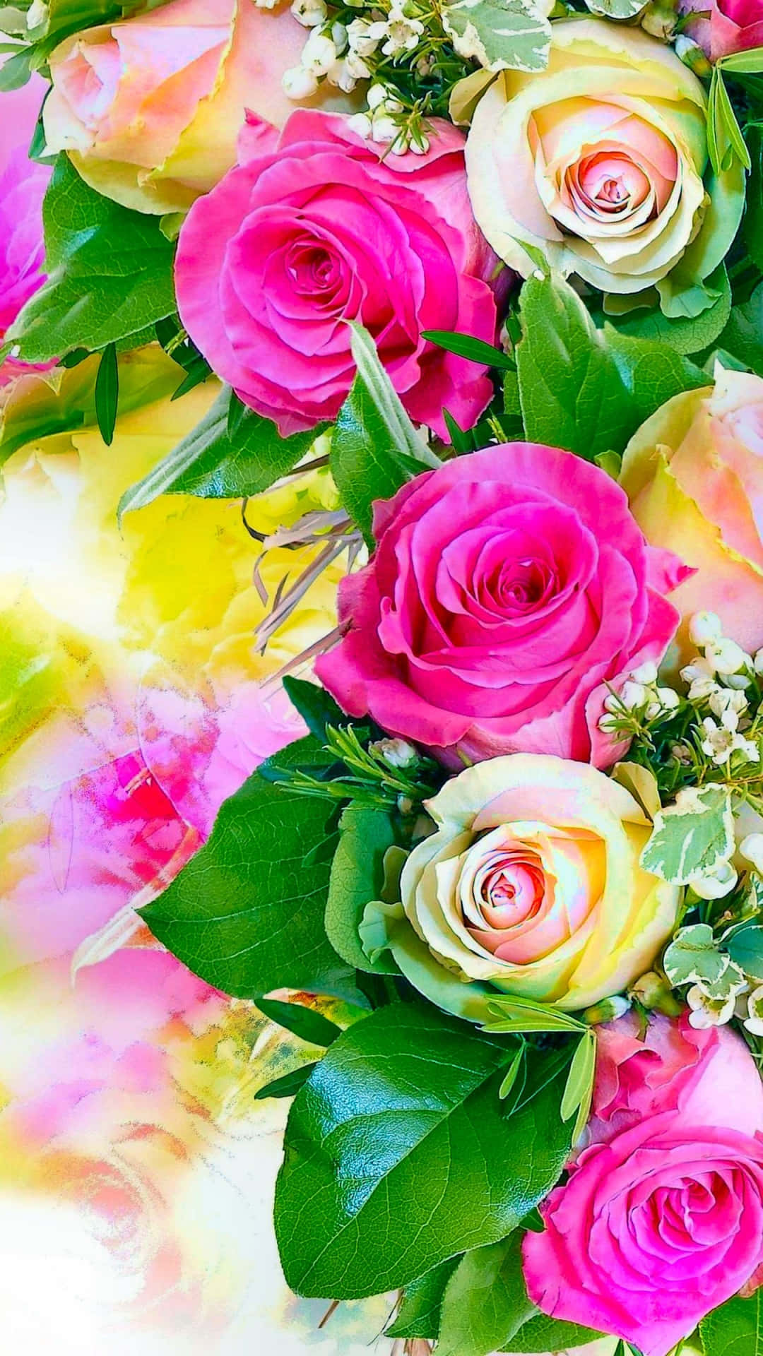 Radiant Red Roses, pink and yellow roses, green leaves, Full HD Phone Wallpaper