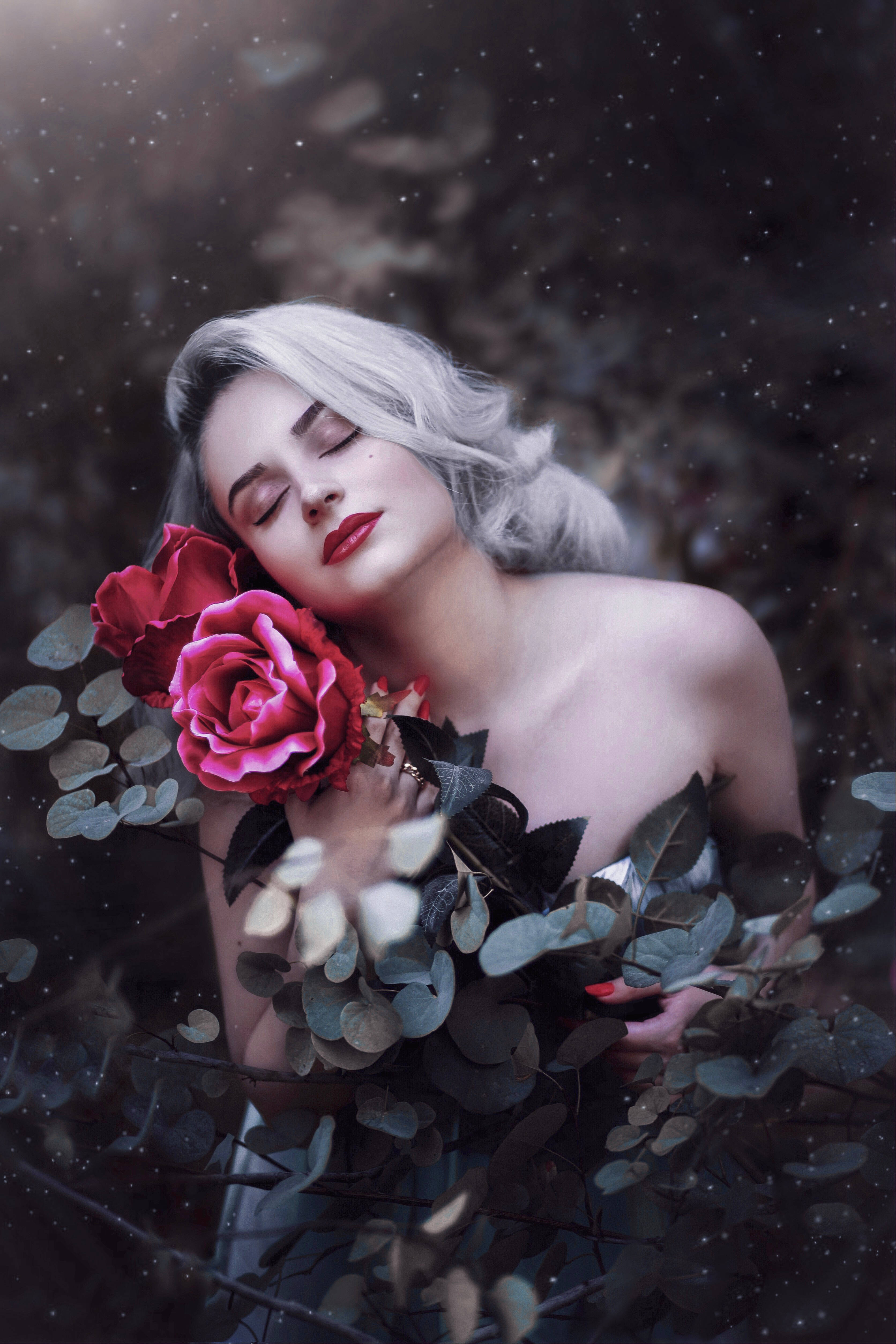 silver hair, vibrant red roses, falling petals, 4K Phone Wallpaper