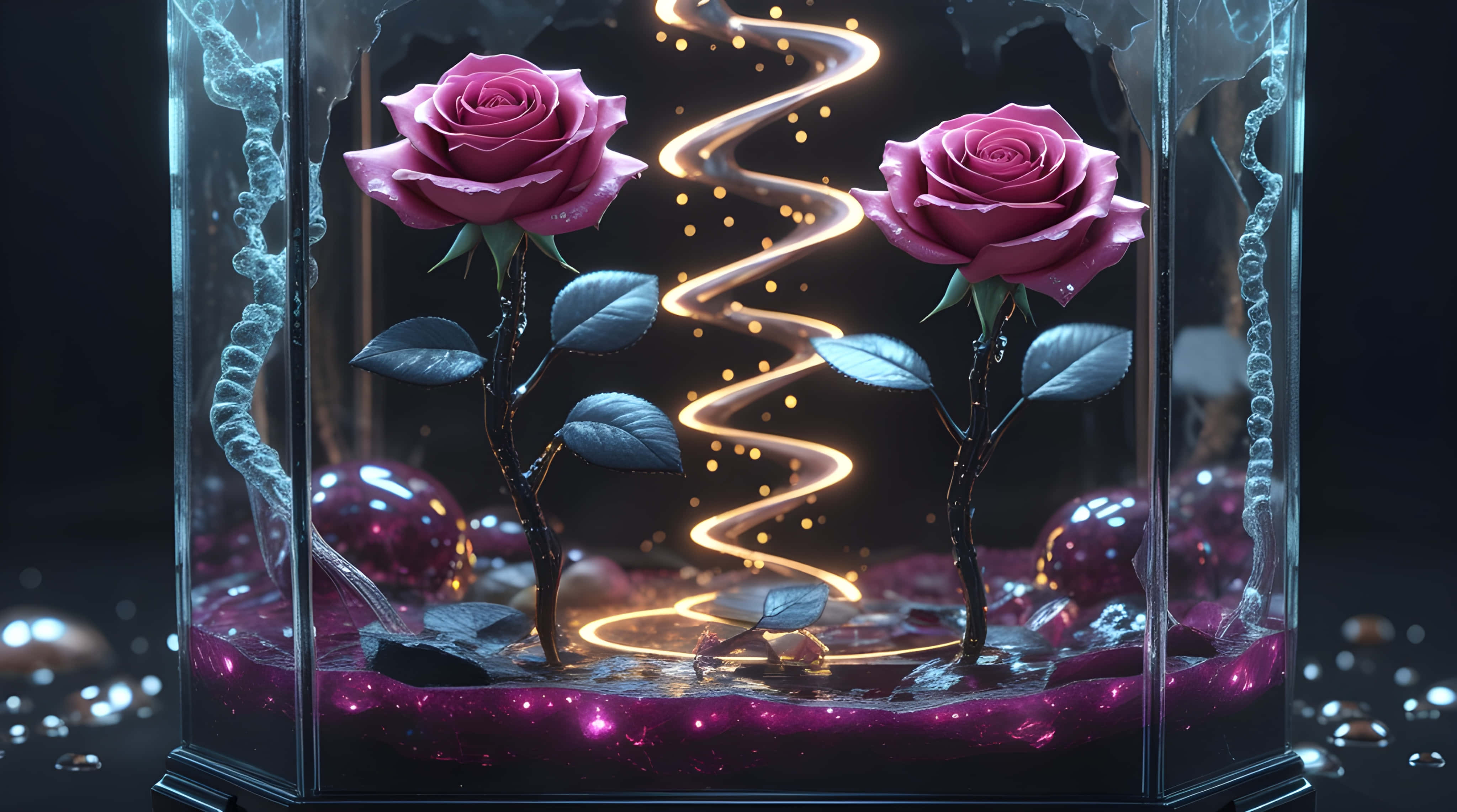 two vibrant purple roses, glass terrarium, glowing golden spiral light, 4K Desktop Wallpaper