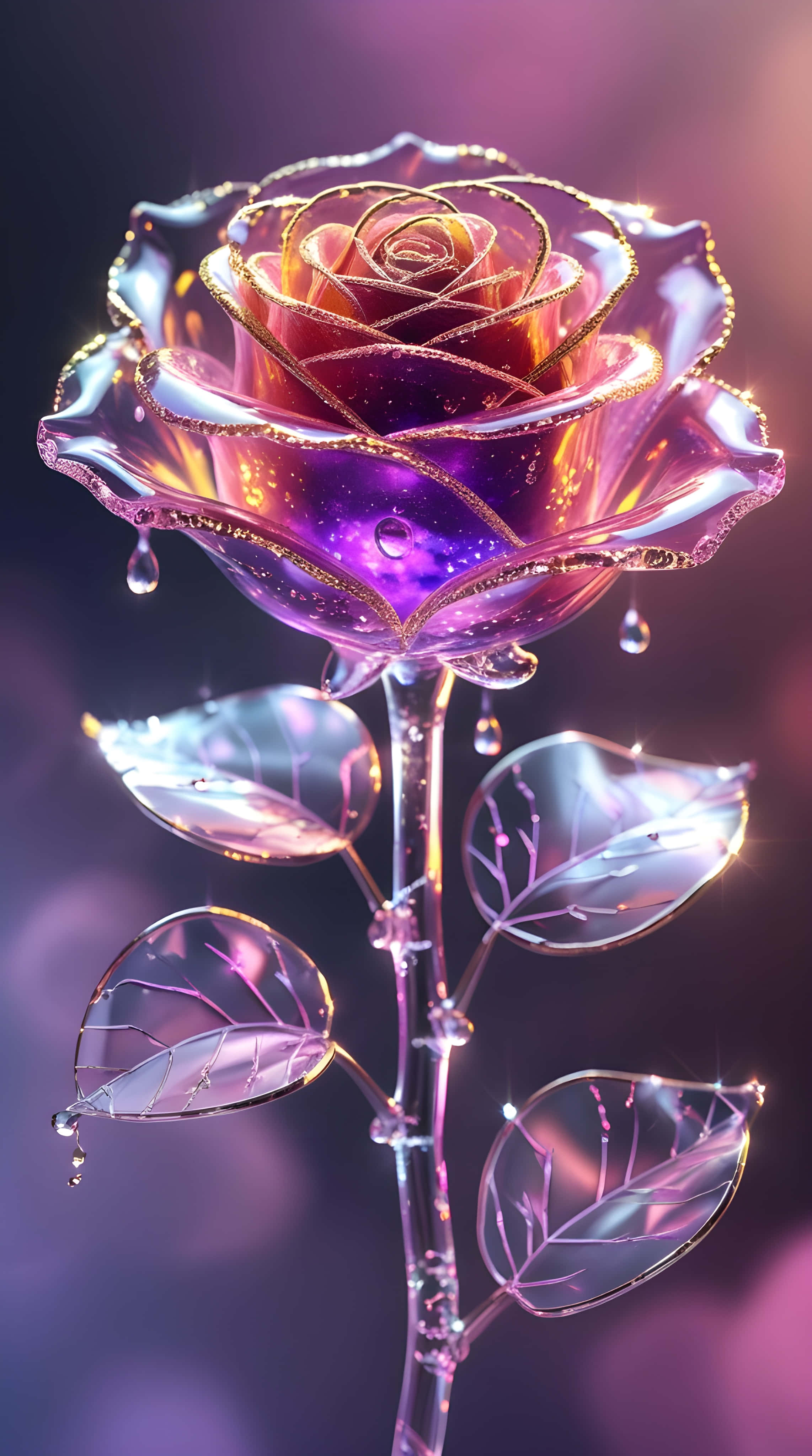 gigantic transferred glass rose, luminous purple, gold trim, 4K Phone Wallpaper