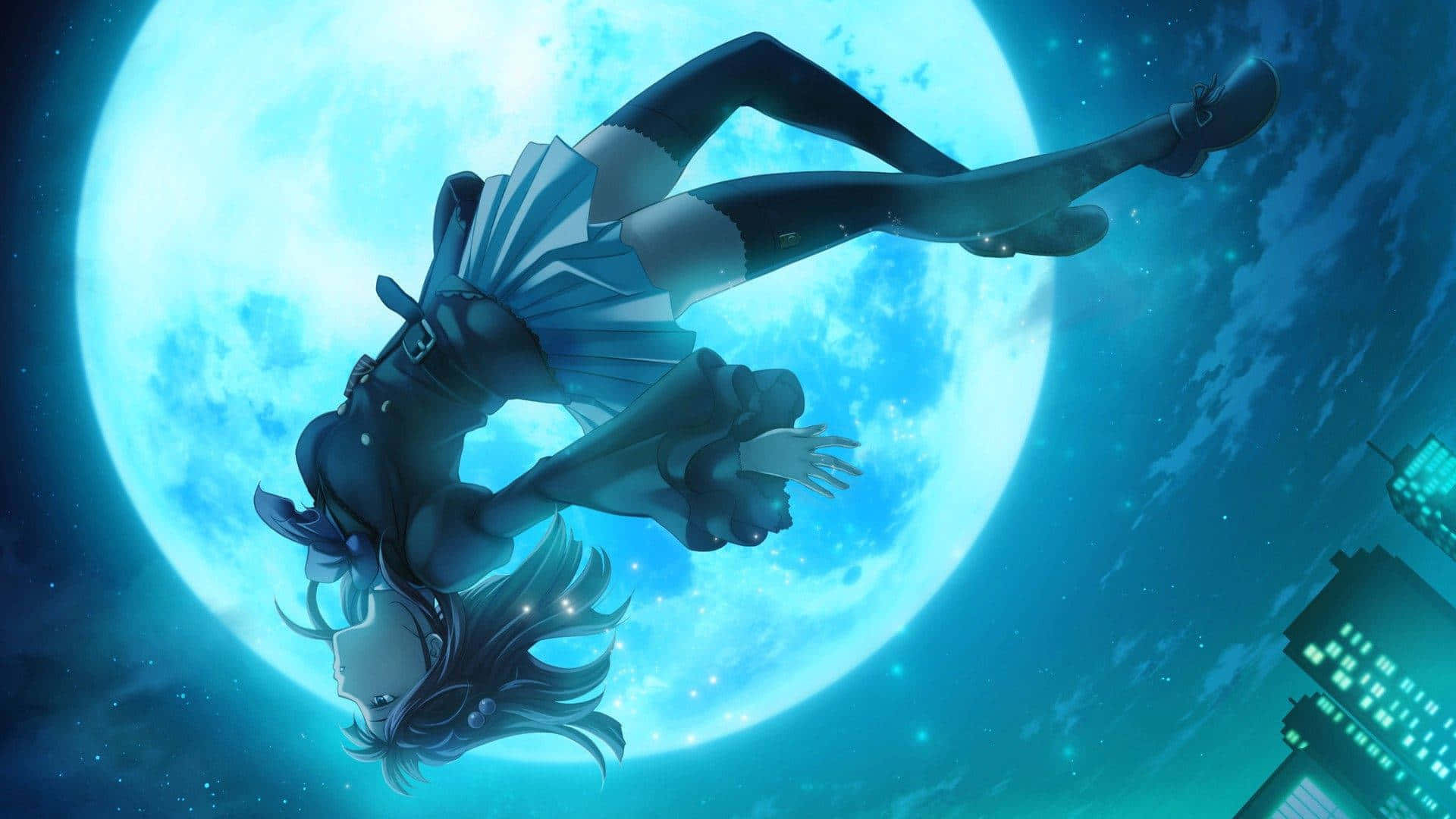 beautiful sad anime, dark school uniform, giant glowing blue moon, Full HD Desktop Wallpaper