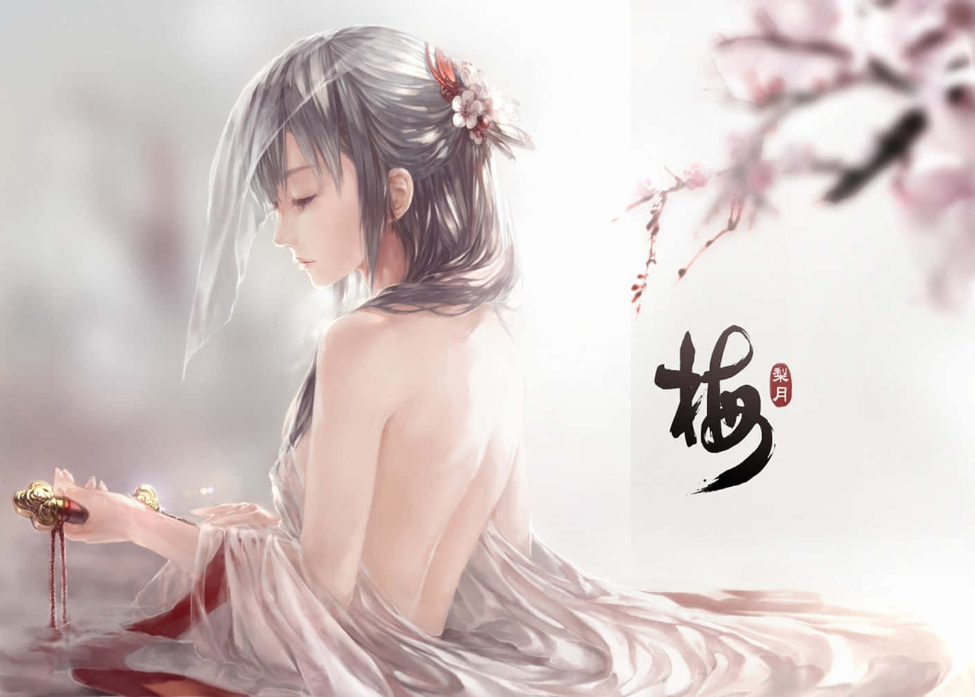 silver hair, floral hairpin, bath, HD Desktop Wallpaper