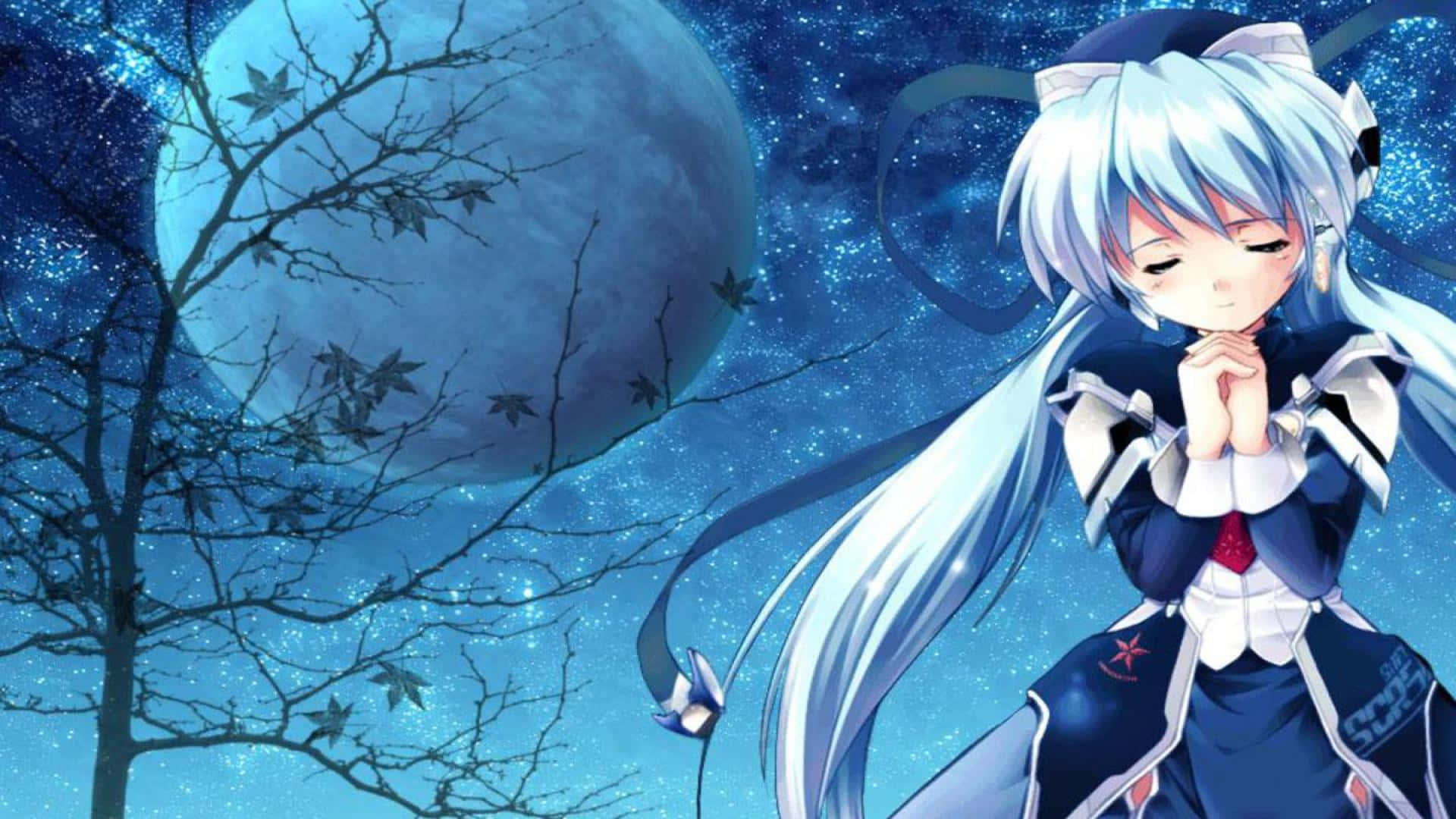 silver-haired anime girl, dark blue outfit, giant moon, Full HD Desktop Wallpaper
