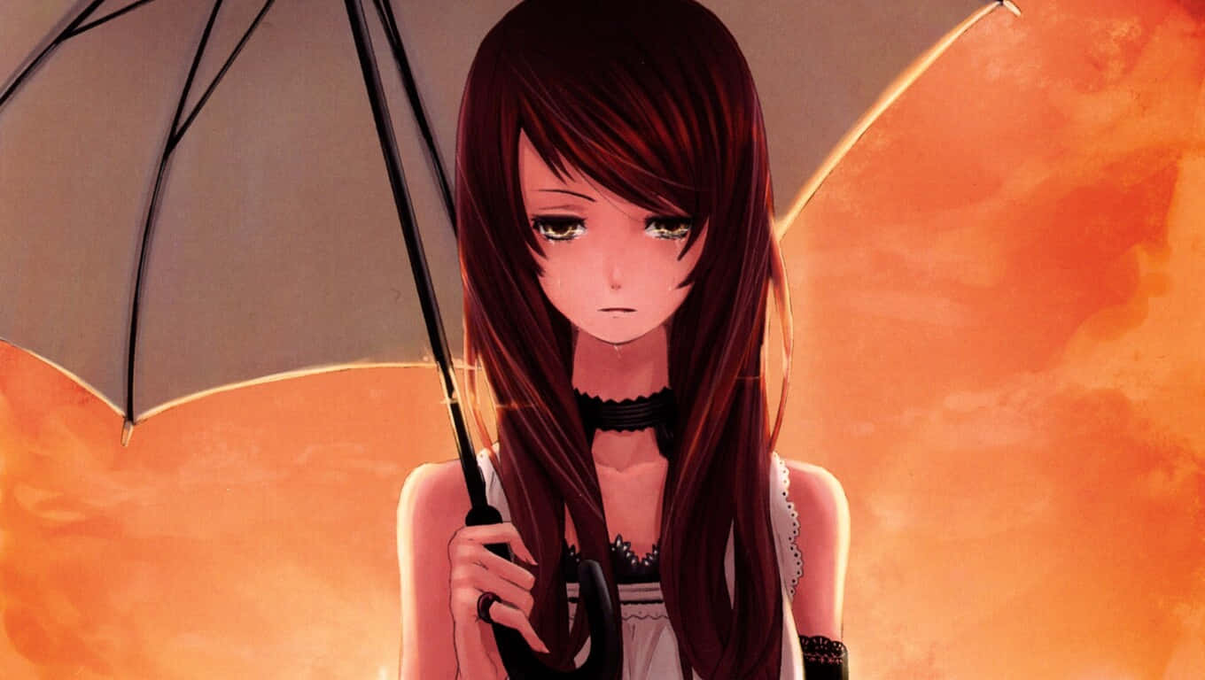 melancholic anime girl, long dark hair, black umbrella, HD Desktop Wallpaper