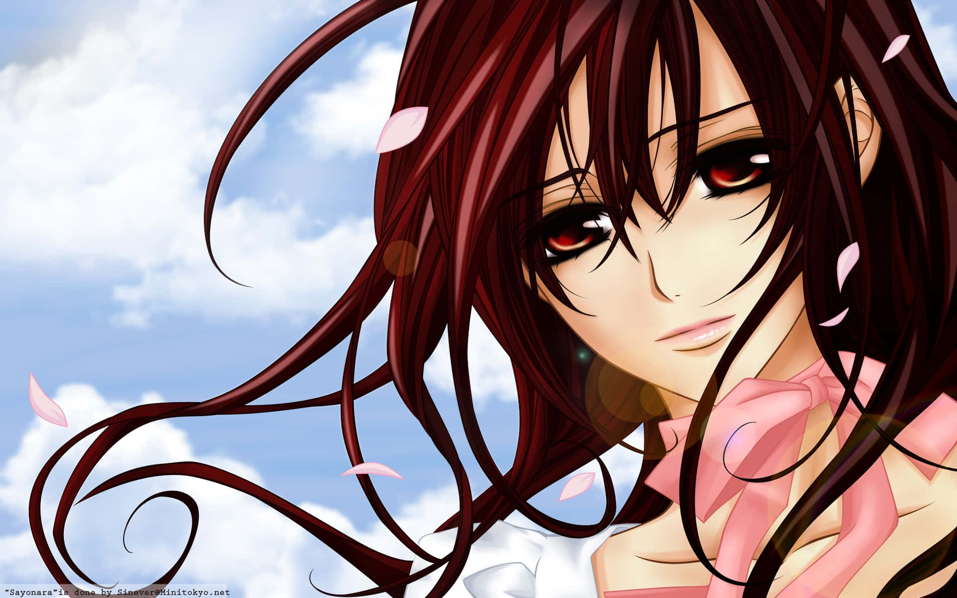 melancholic anime girl, crimson eyes, flowing dark hair, Full HD Desktop Wallpaper
