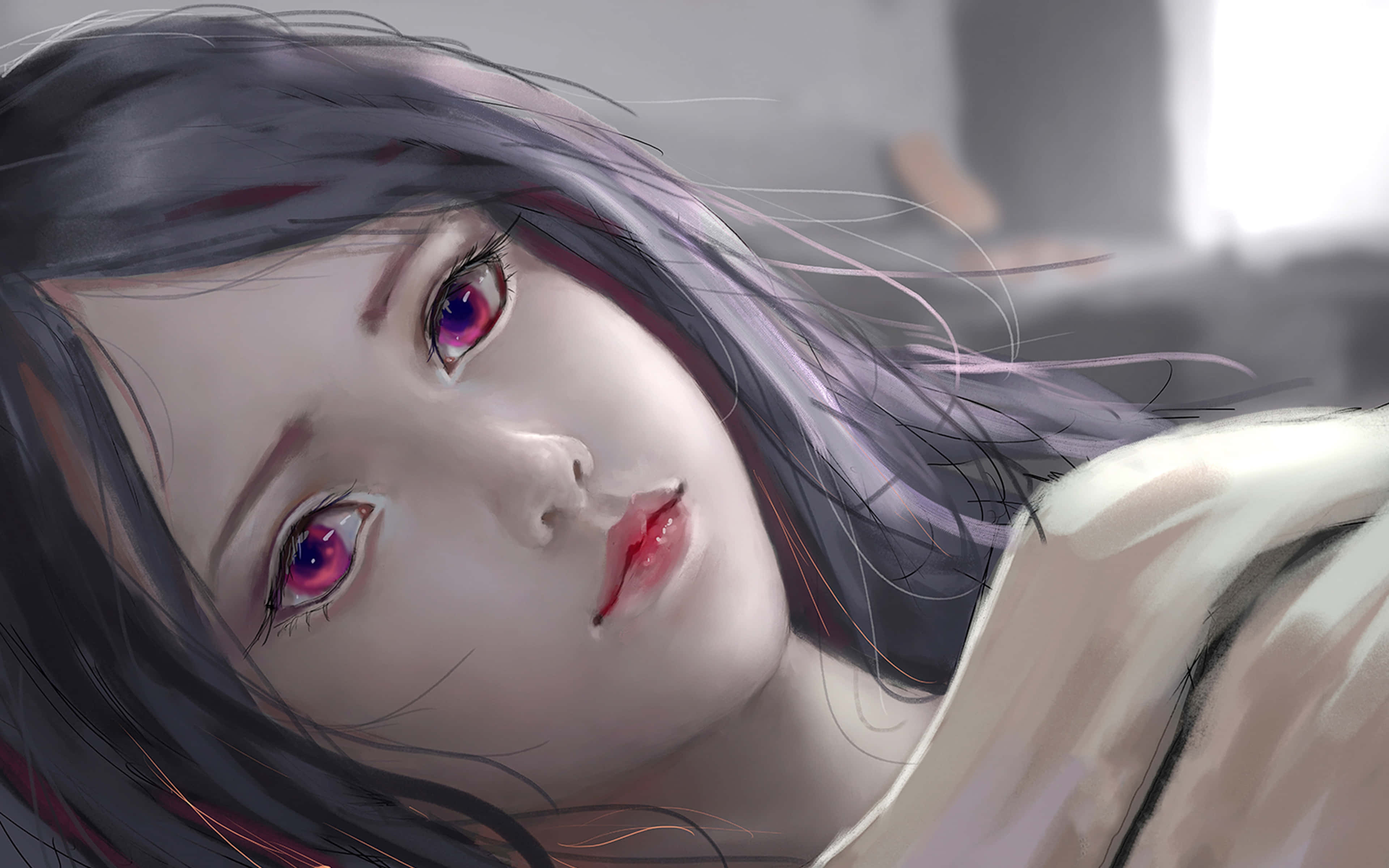 Heartbroken Anime Girl, purple eyes, dark hair, 4K Desktop Wallpaper
