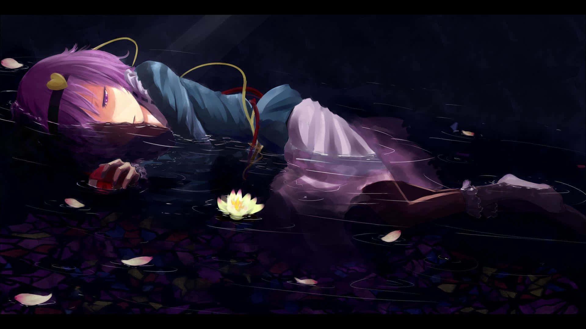 purple-haired anime girl, dark water, glowing white lotus flower, Full HD Desktop Wallpaper