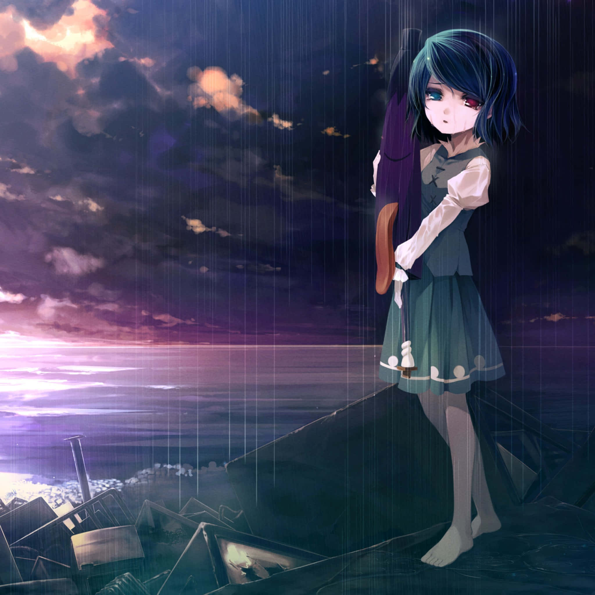 blue hair, lone anime girl, broken shipwreck, Full HD Desktop Wallpaper