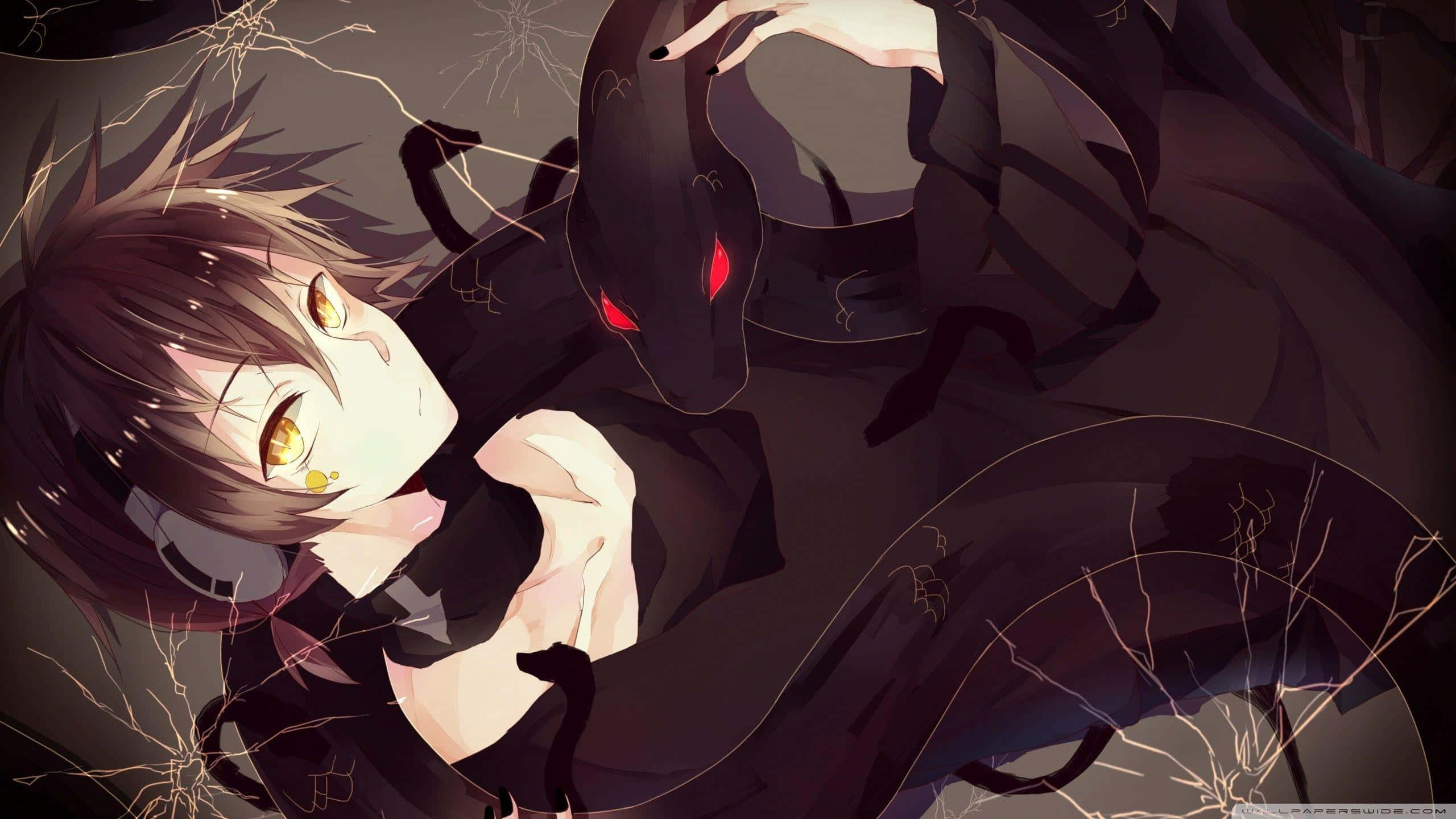 golden eyes, headphones, dark hooded figure, 2K Desktop Wallpaper