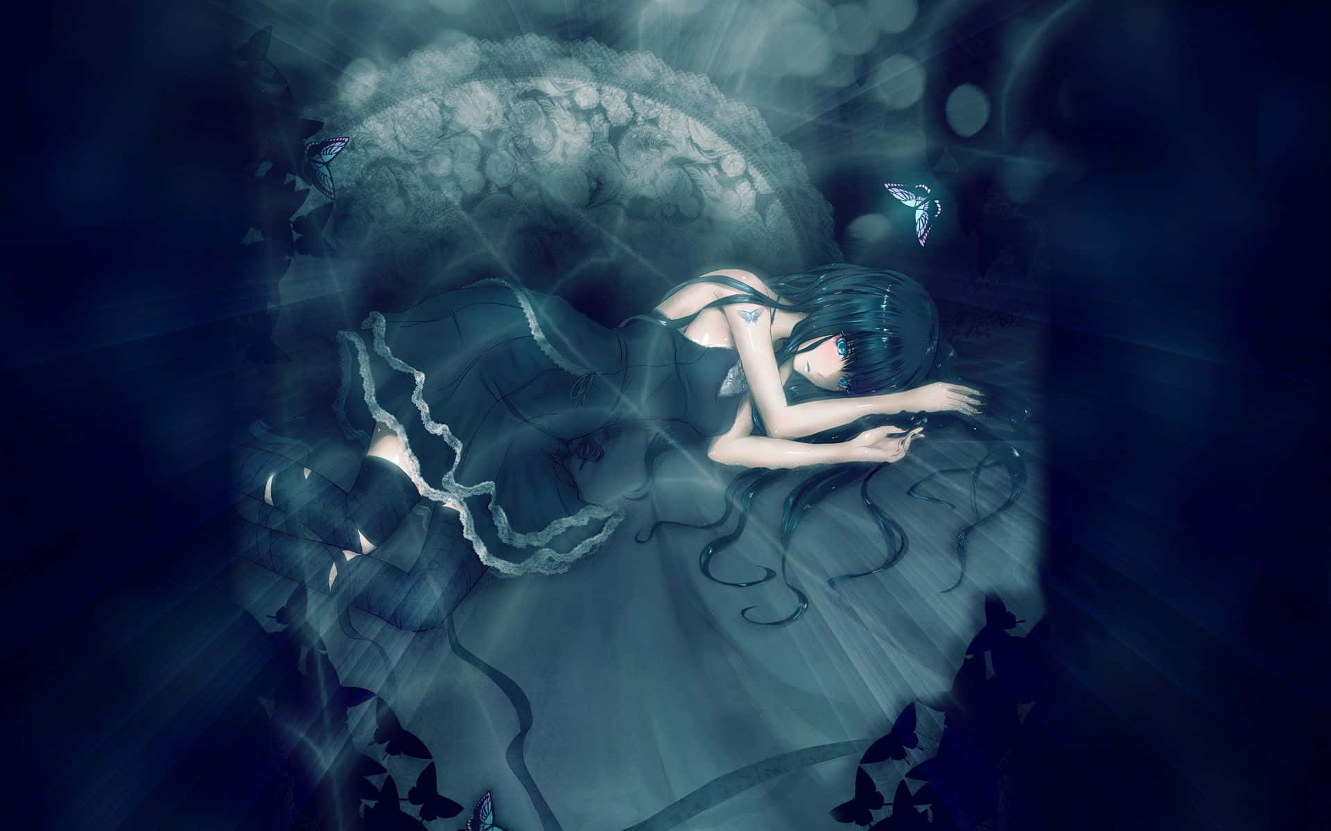 anime girl, flowing black dress, glowing butterflies, Full HD Desktop Wallpaper