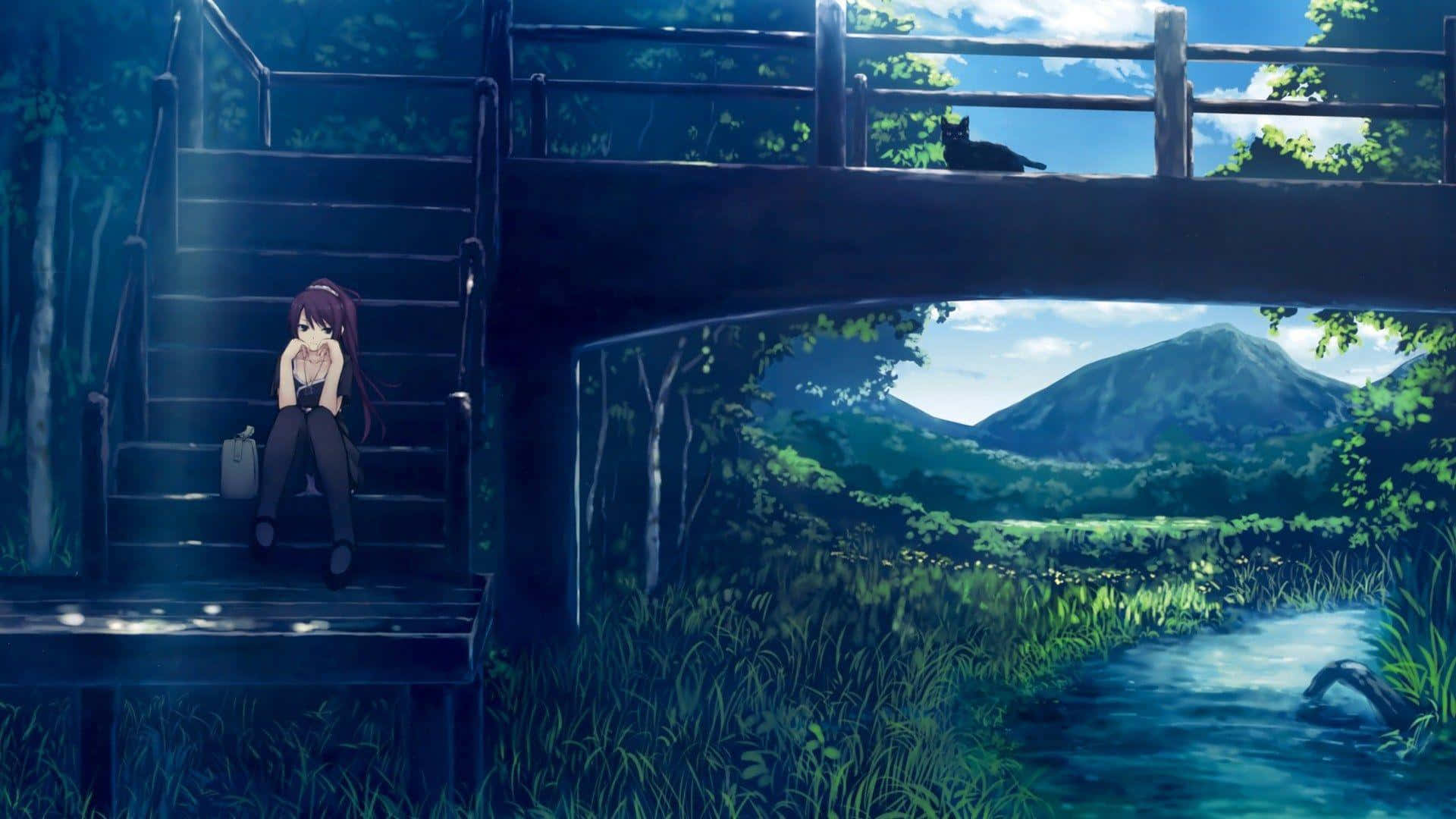 anime girl, wooden stairs, bridge, Full HD Desktop Wallpaper