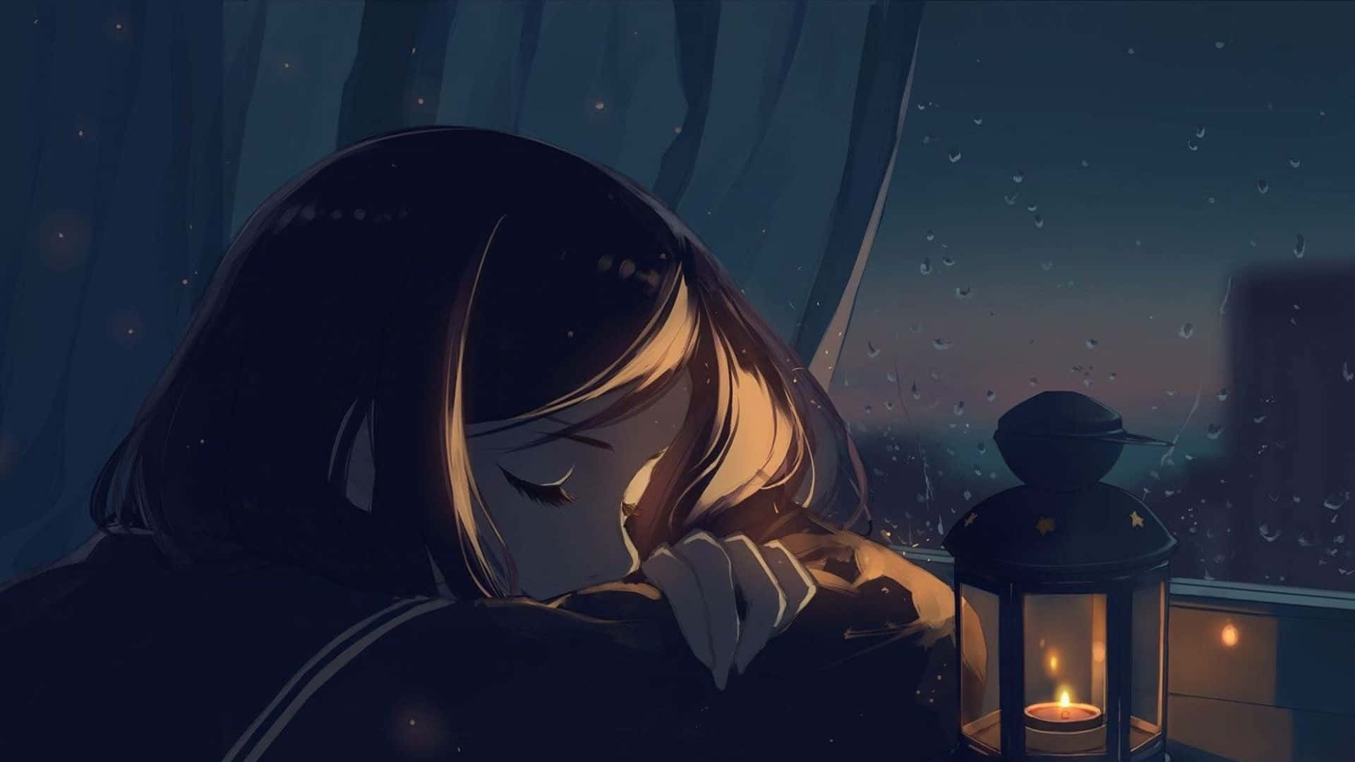 anime girl, rain-streaked window, glowing lantern, Full HD Desktop Wallpaper