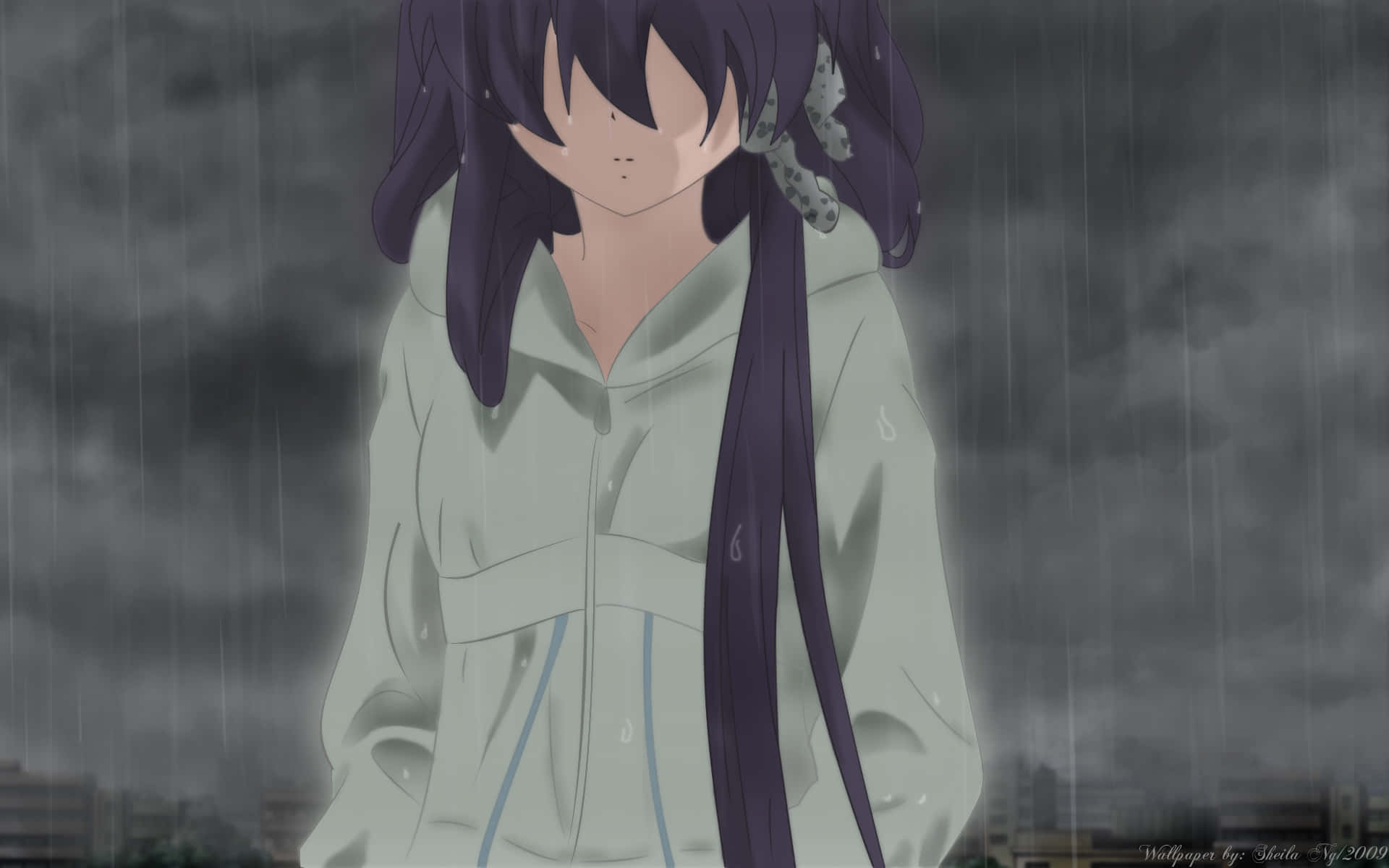 anime girl, purple hair, heavy rain, Full HD Desktop Wallpaper