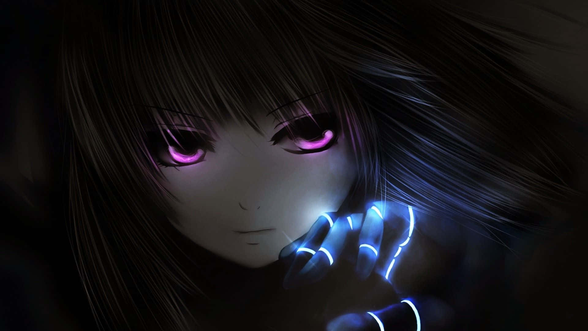 dark-haired anime girl, glowing pink eyes, blue-lit fingers, Full HD Desktop Wallpaper