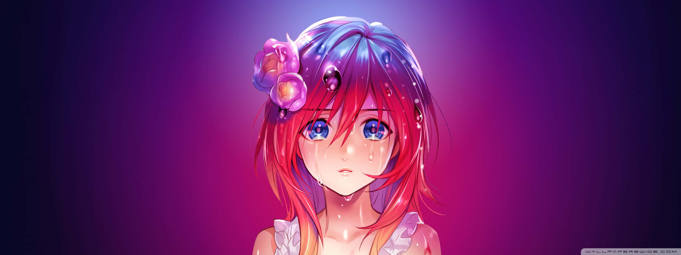 red and blue hair, glowing flowers, radiant purple gradient background, Full HD Desktop Wallpaper