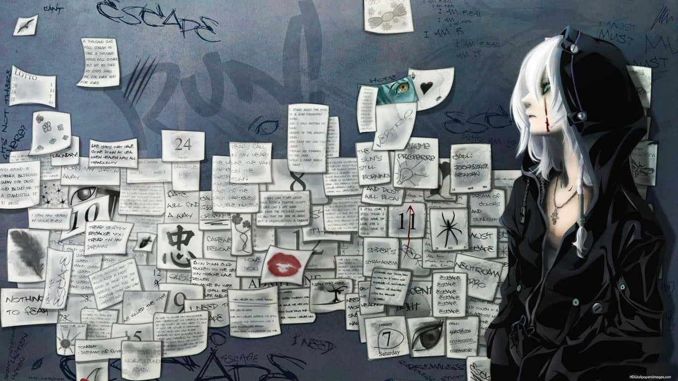 anime girl, black hooded coat, wall covered in handwritten notes and drawings, HD Desktop Wallpaper