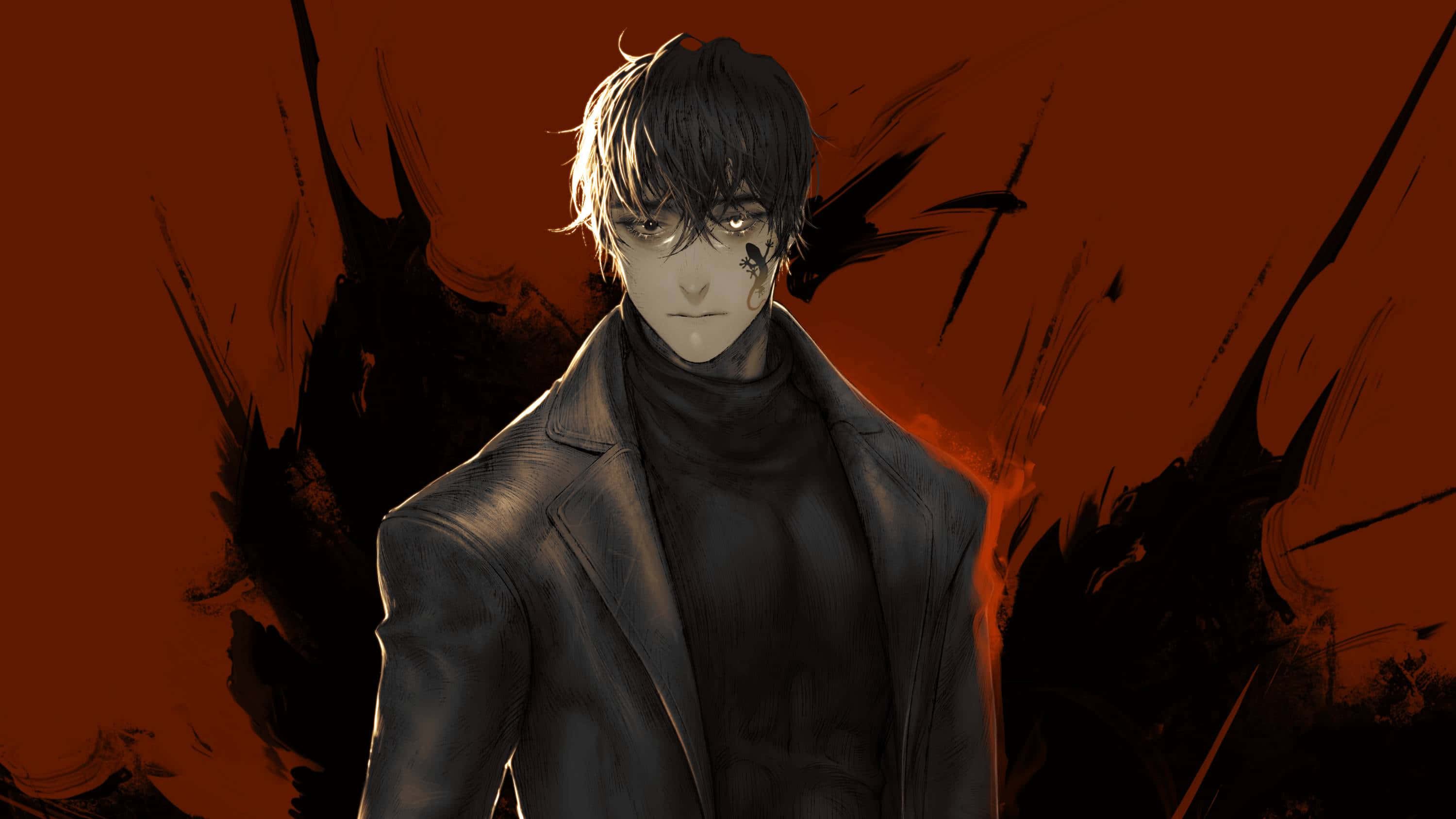 black suit, red background, dark-haired anime man, 2K Desktop Wallpaper