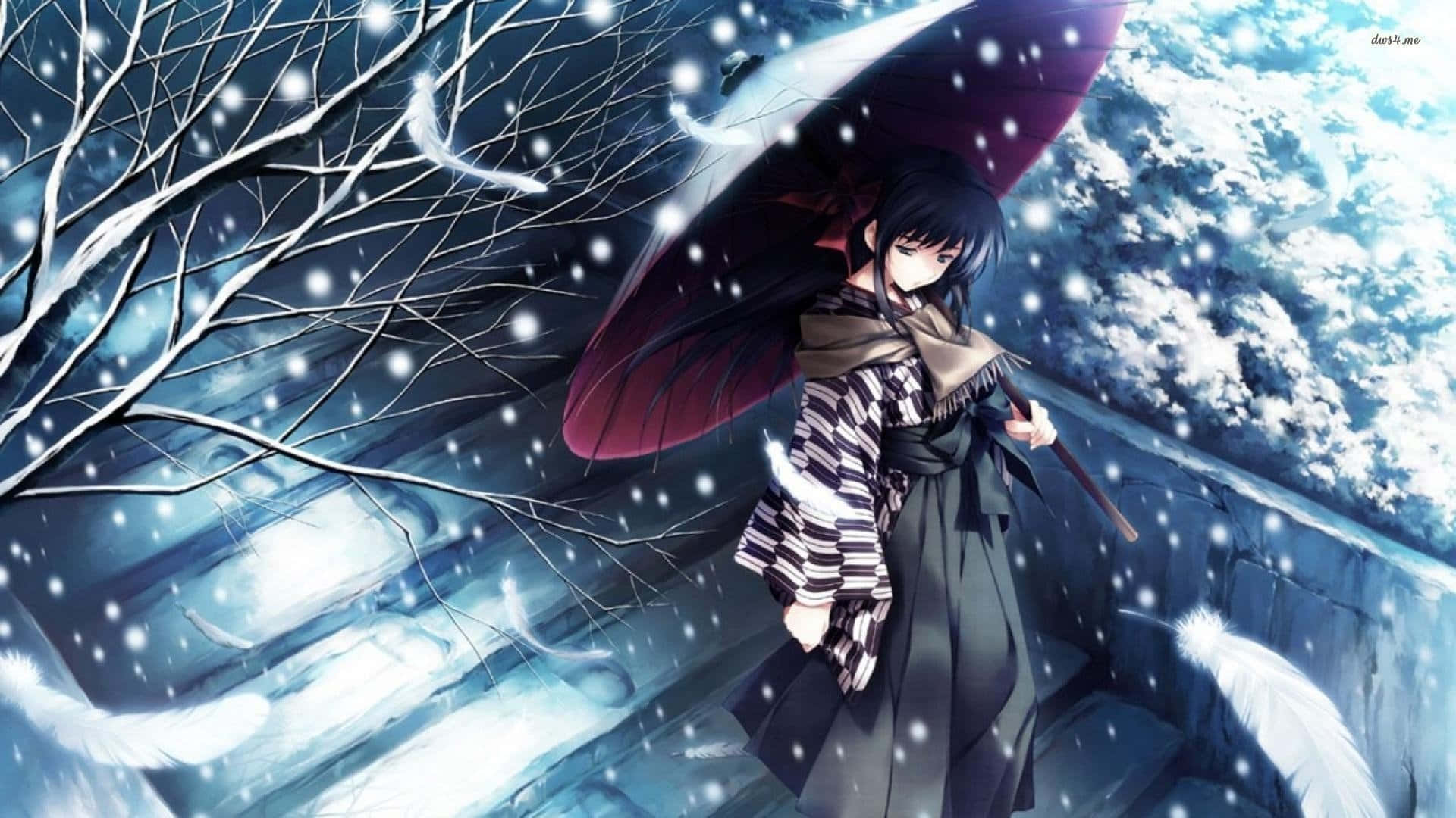 anime girl, dark hair, red umbrella, Full HD Desktop Wallpaper