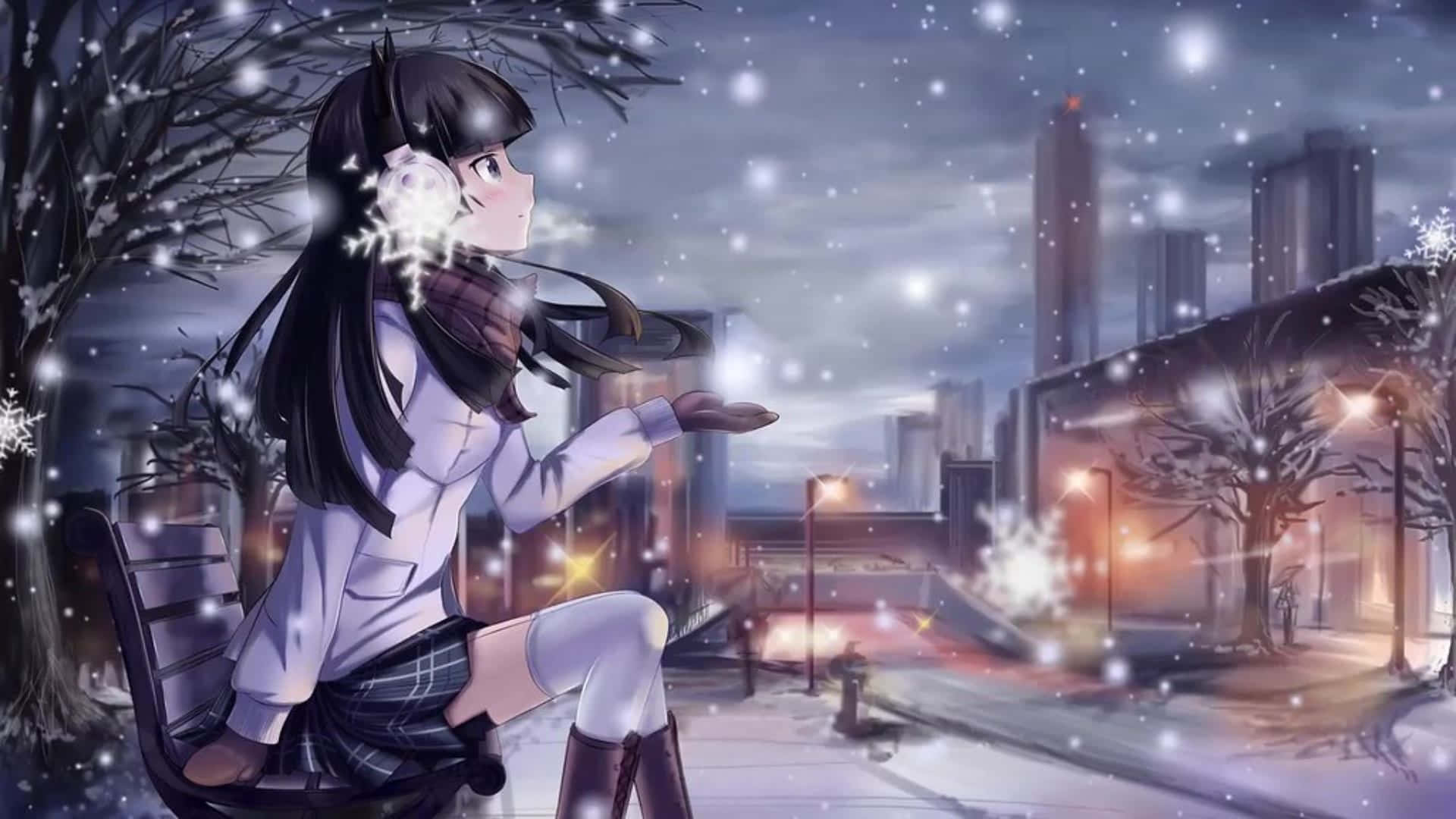 young anime girl, winter gear, bench, Full HD Desktop Wallpaper