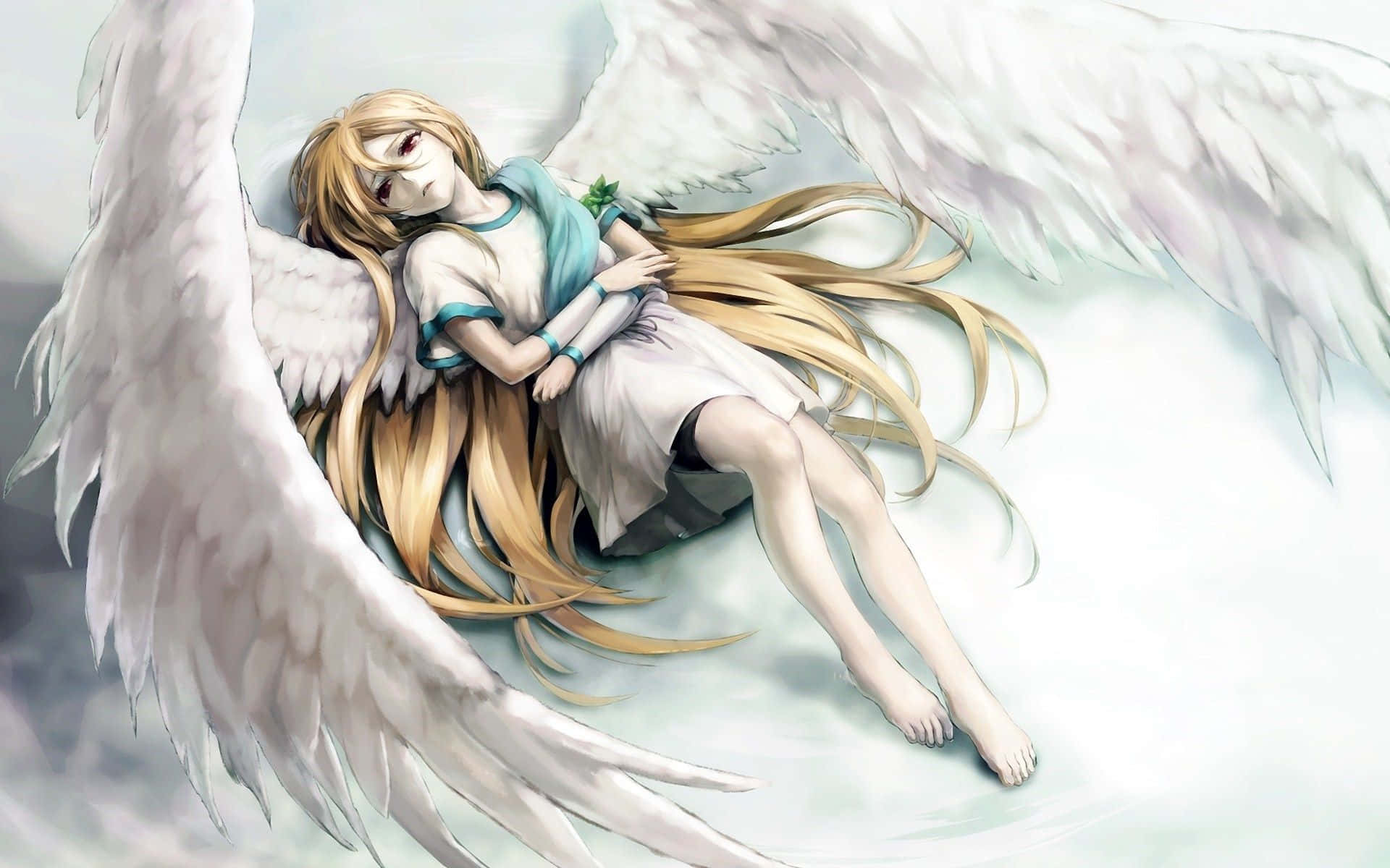 anime angel, long blonde hair, white wings, Full HD Desktop Wallpaper