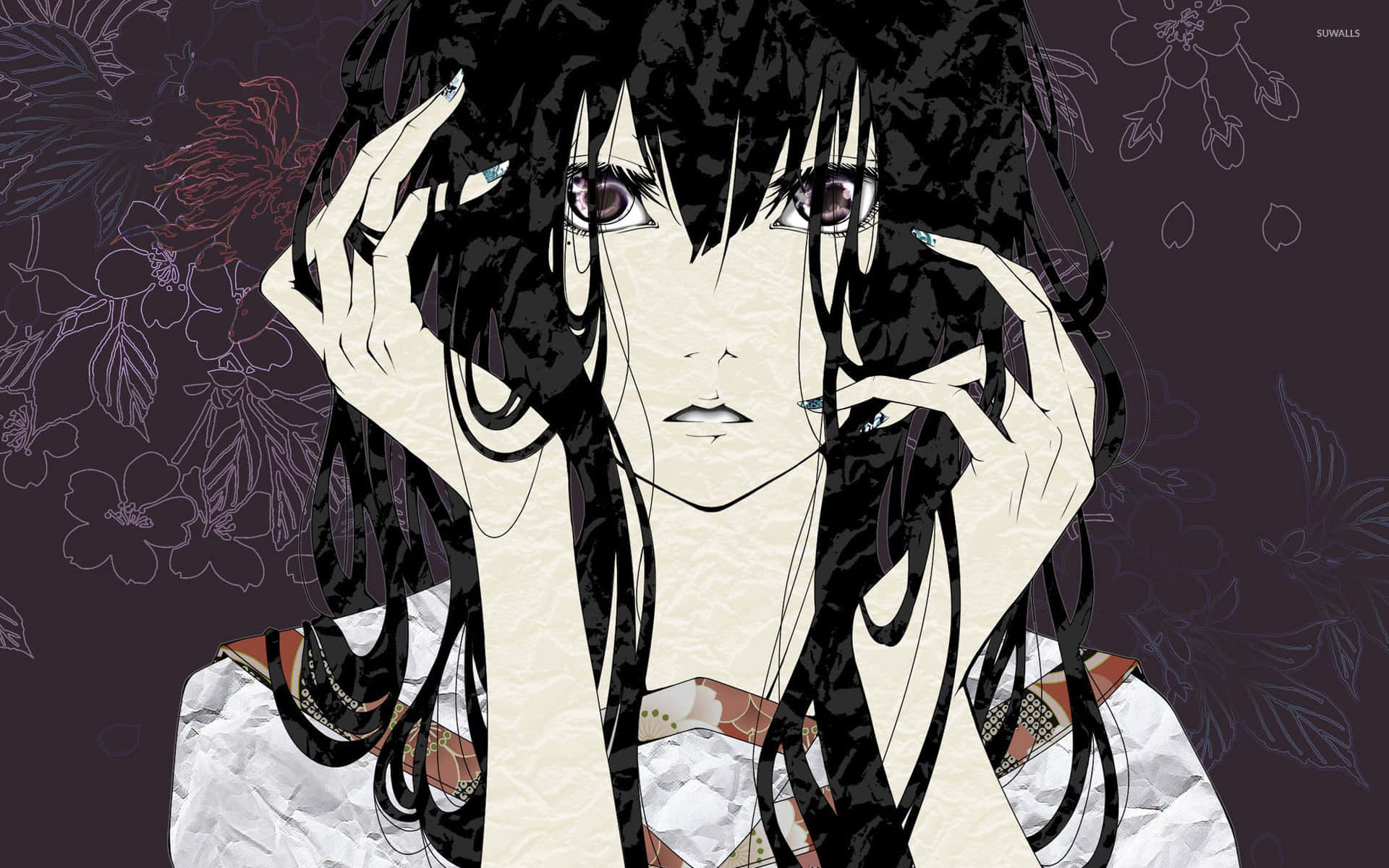 beautiful sad anime, anime girl, long black hair, Full HD Desktop Wallpaper