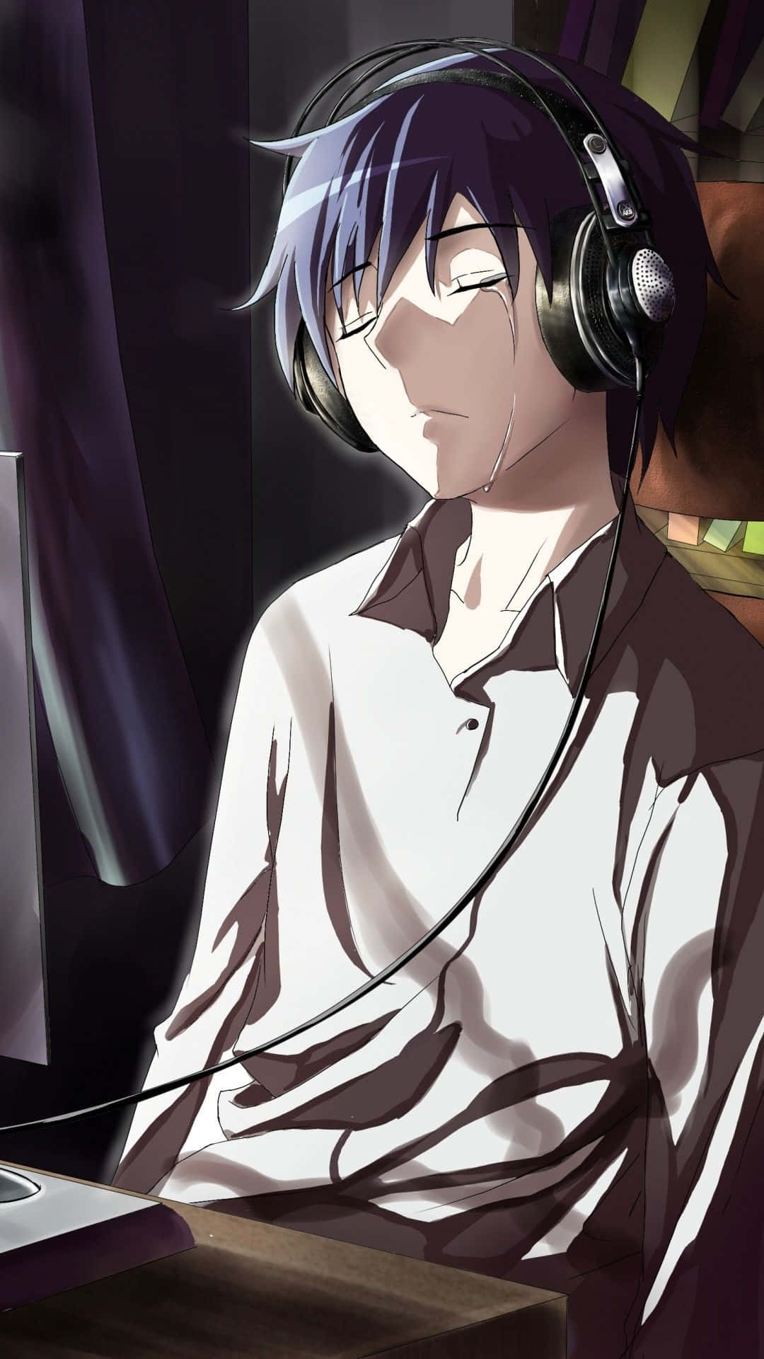 young anime boy, purple hair, headphones, Full HD Phone Wallpaper