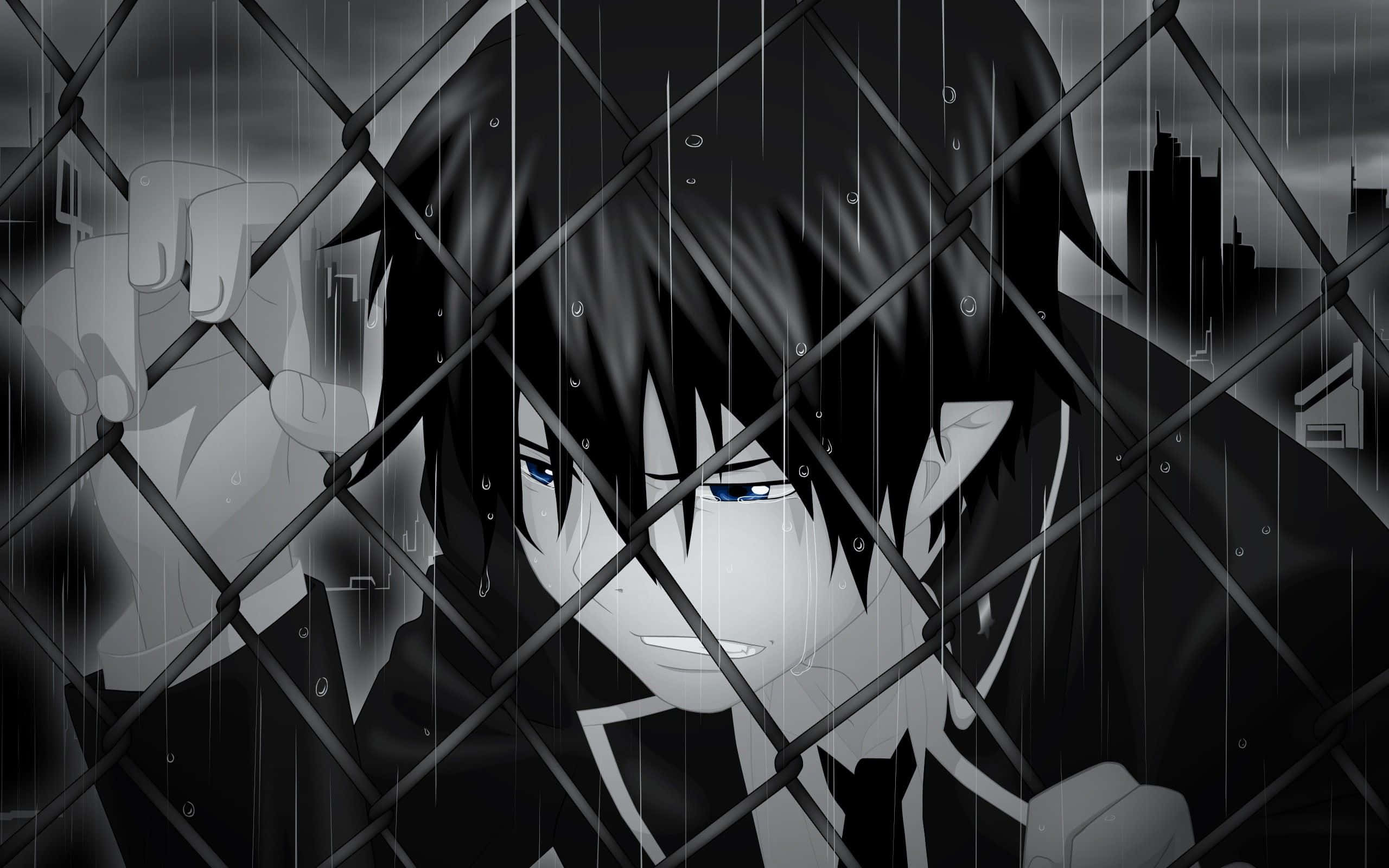 blue eyes, rain-slicked chain-link fence, gloomy urban setting, 2K Desktop Wallpaper