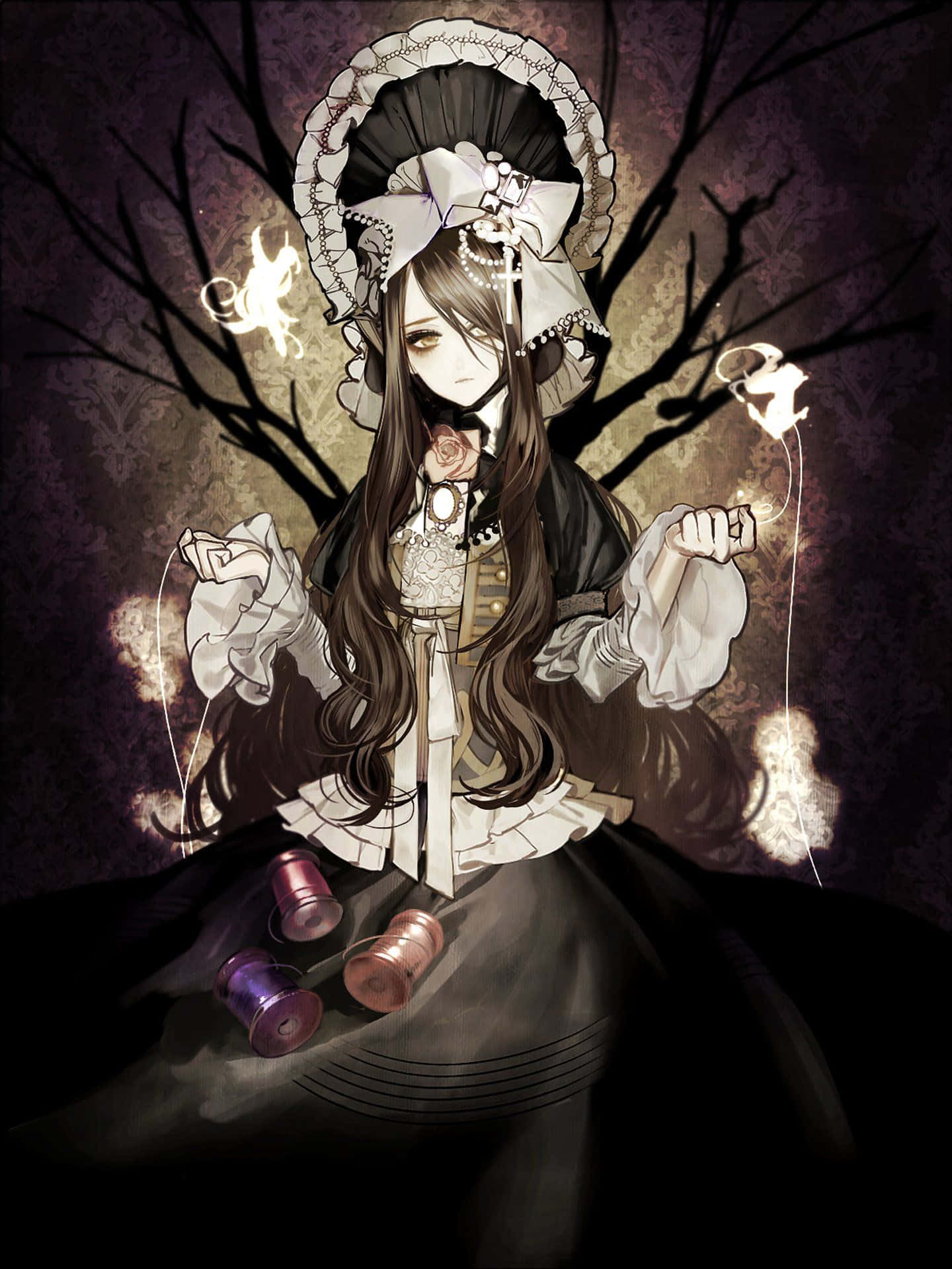 gothic anime girl, lace bonnet, dark dress, Full HD Phone Wallpaper