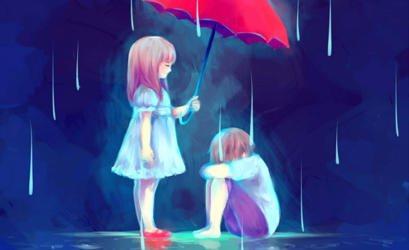 white dress, red umbrella, rainy, HD Desktop Wallpaper