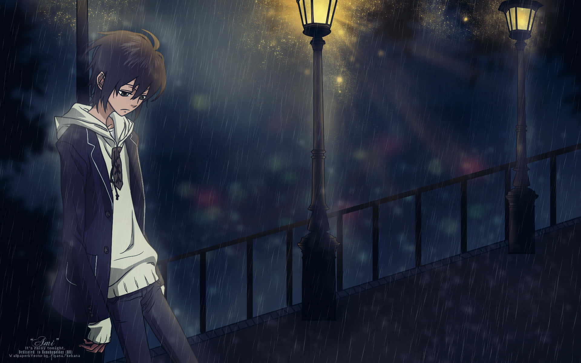 anime boy, hoodie, rain-slicked street lamps, Full HD Desktop Wallpaper
