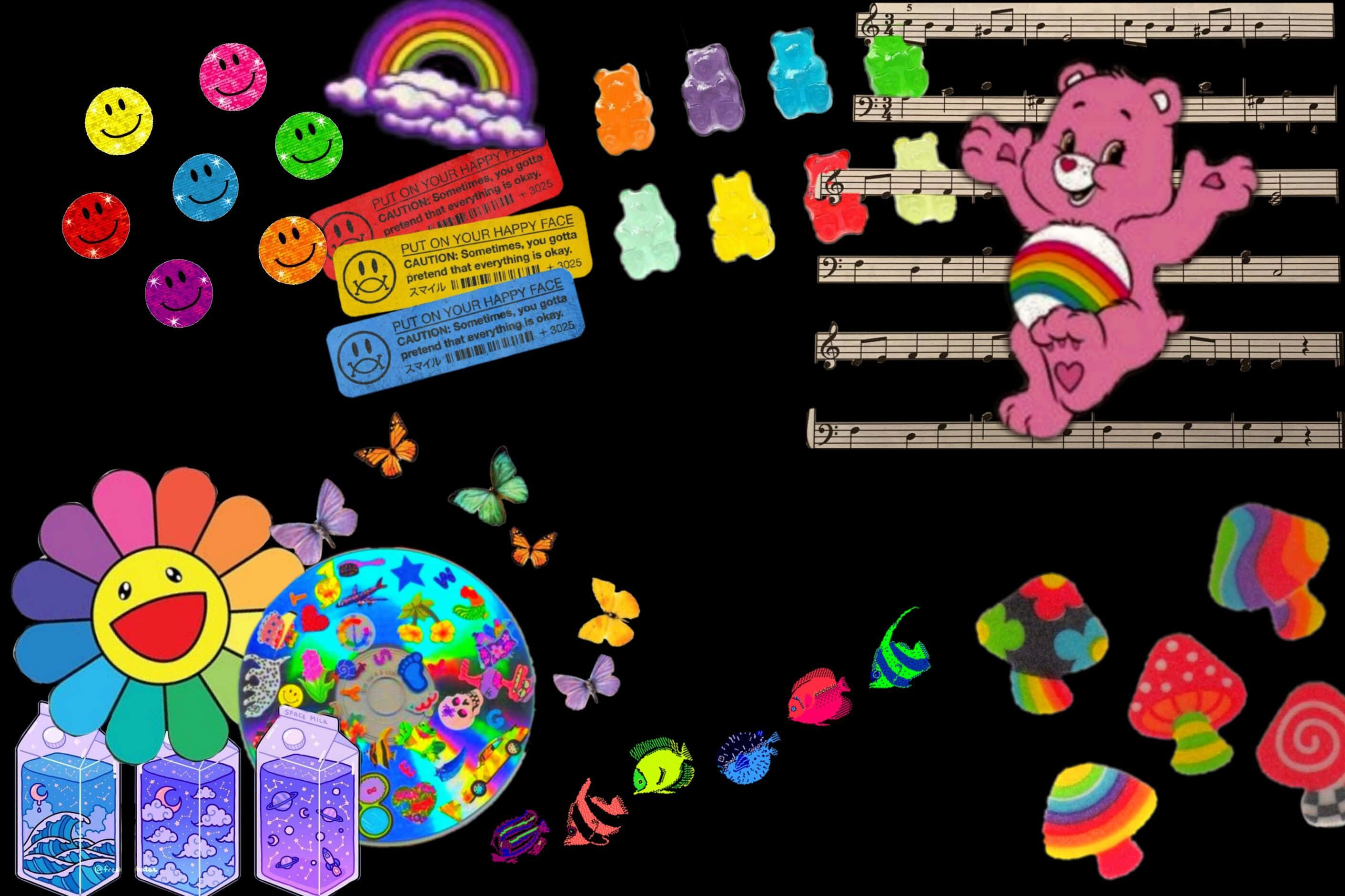 indie desktop, cartoon characters, black background, 2K Desktop Wallpaper