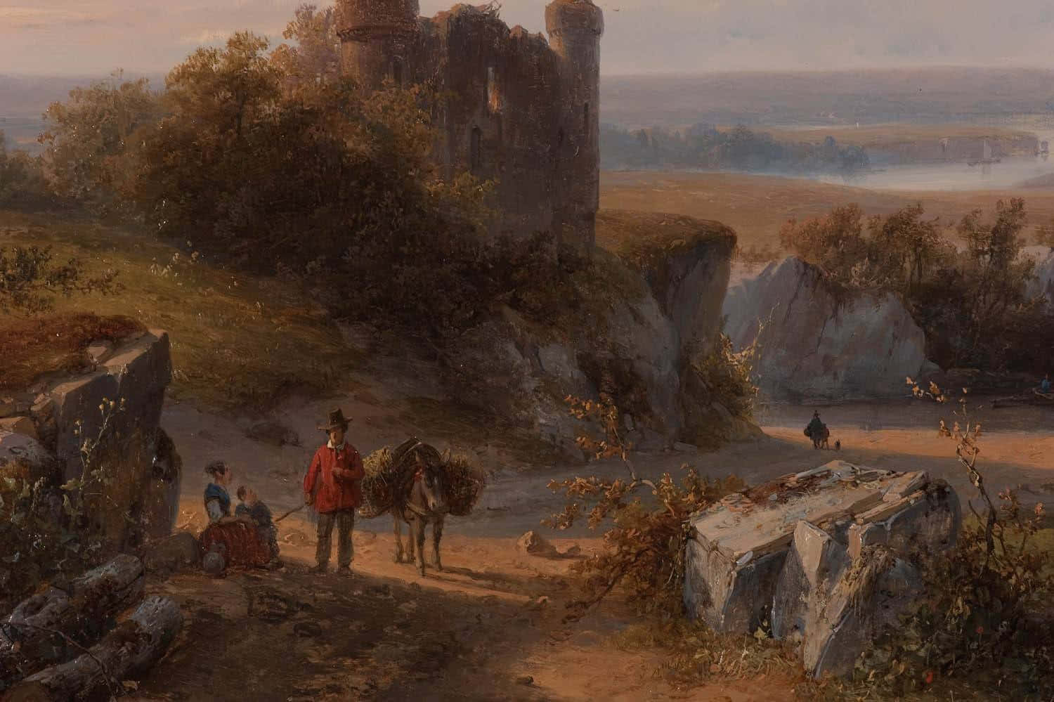 rustic landscape painting, travelers with a donkey, ancient stone ruins, HD Desktop Wallpaper