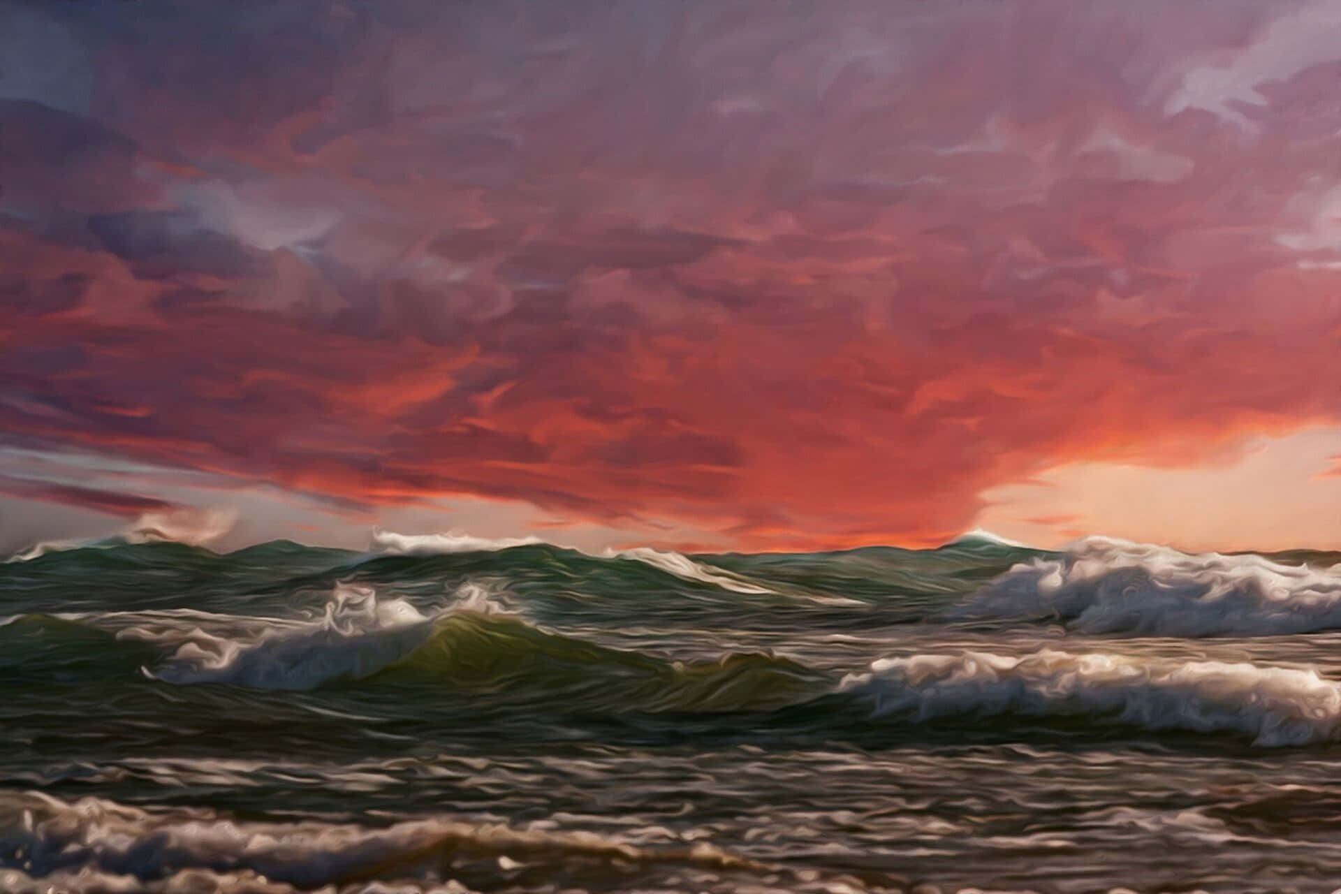 tumultuous ocean waves, oil painting, sunset, Full HD Desktop Wallpaper