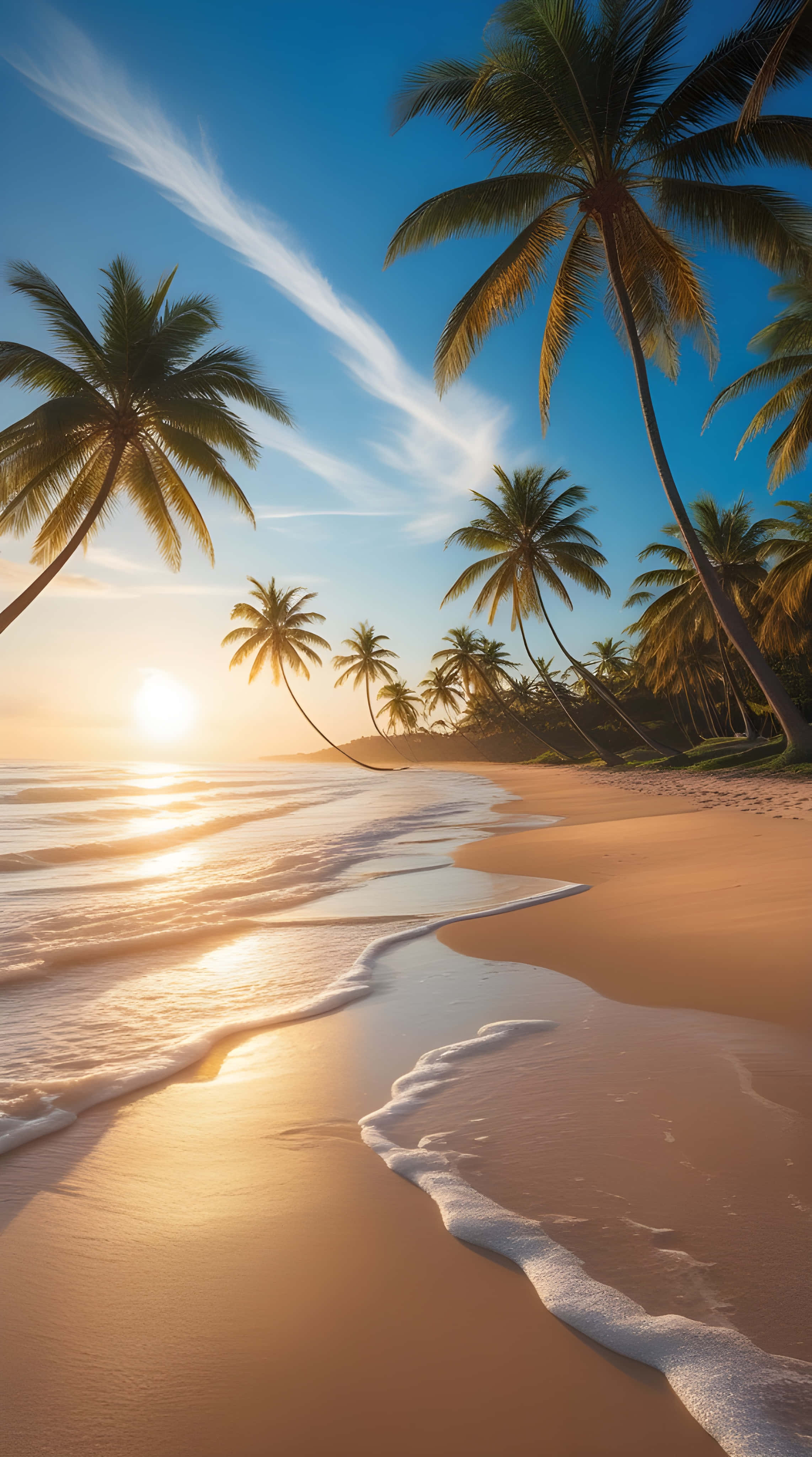 palm tree, sea beach, golden sunrise, 4K Phone Wallpaper