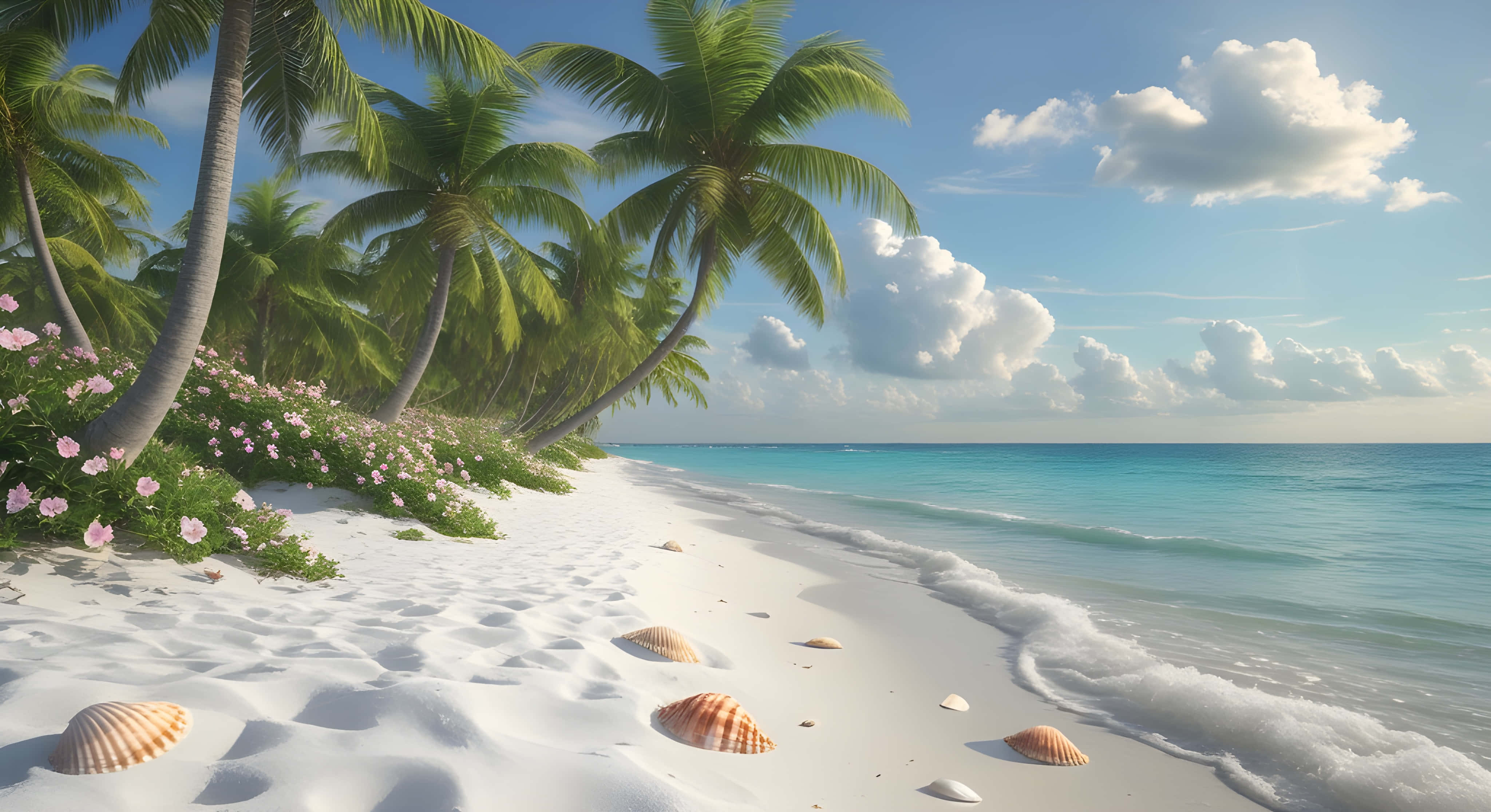 sea beach, palm trees, white sand, 4K Desktop Wallpaper